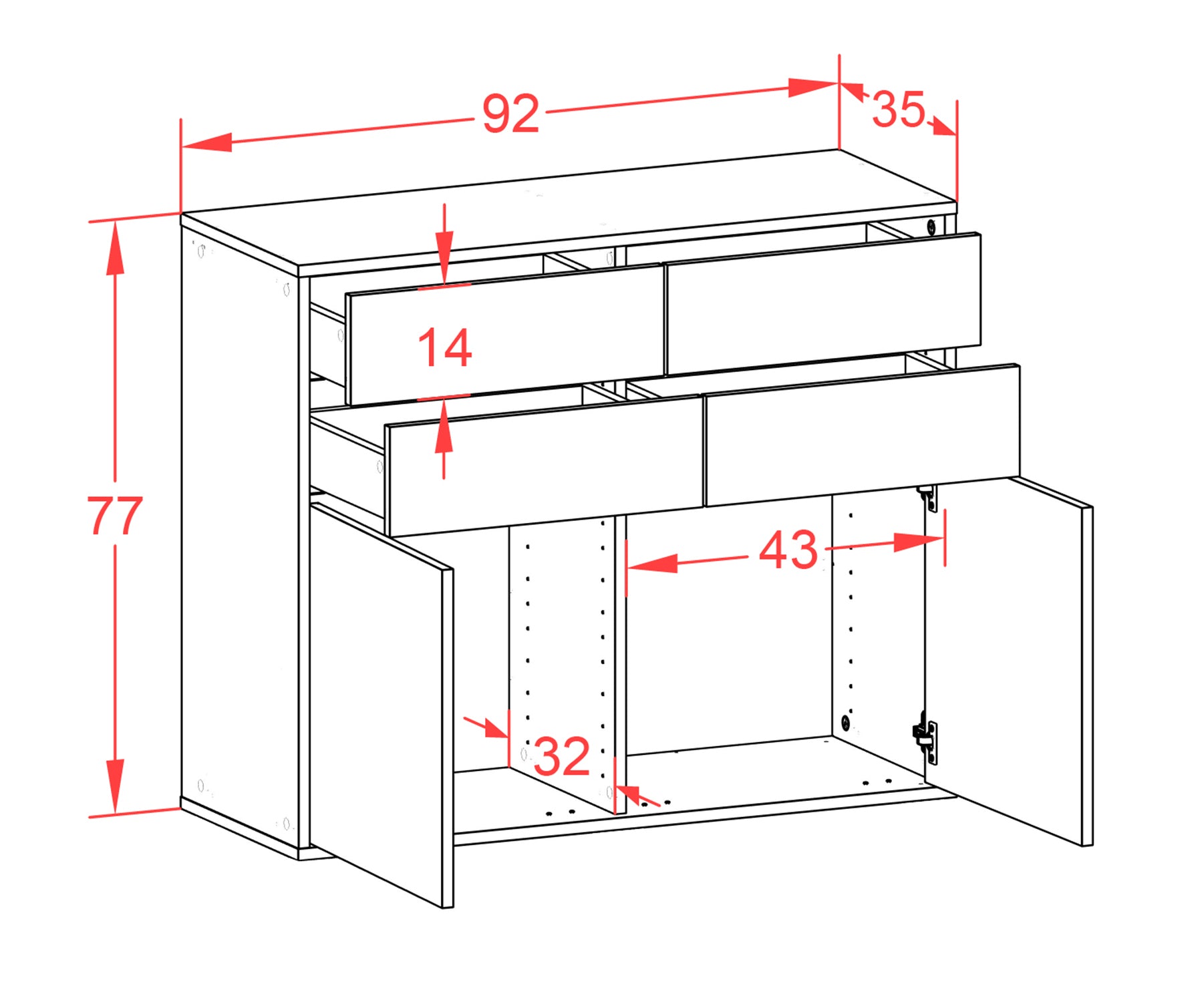 Sideboard - Celia - Design Holzdekor - Wandmontiert mit Push to open  92 cm Anthrazit