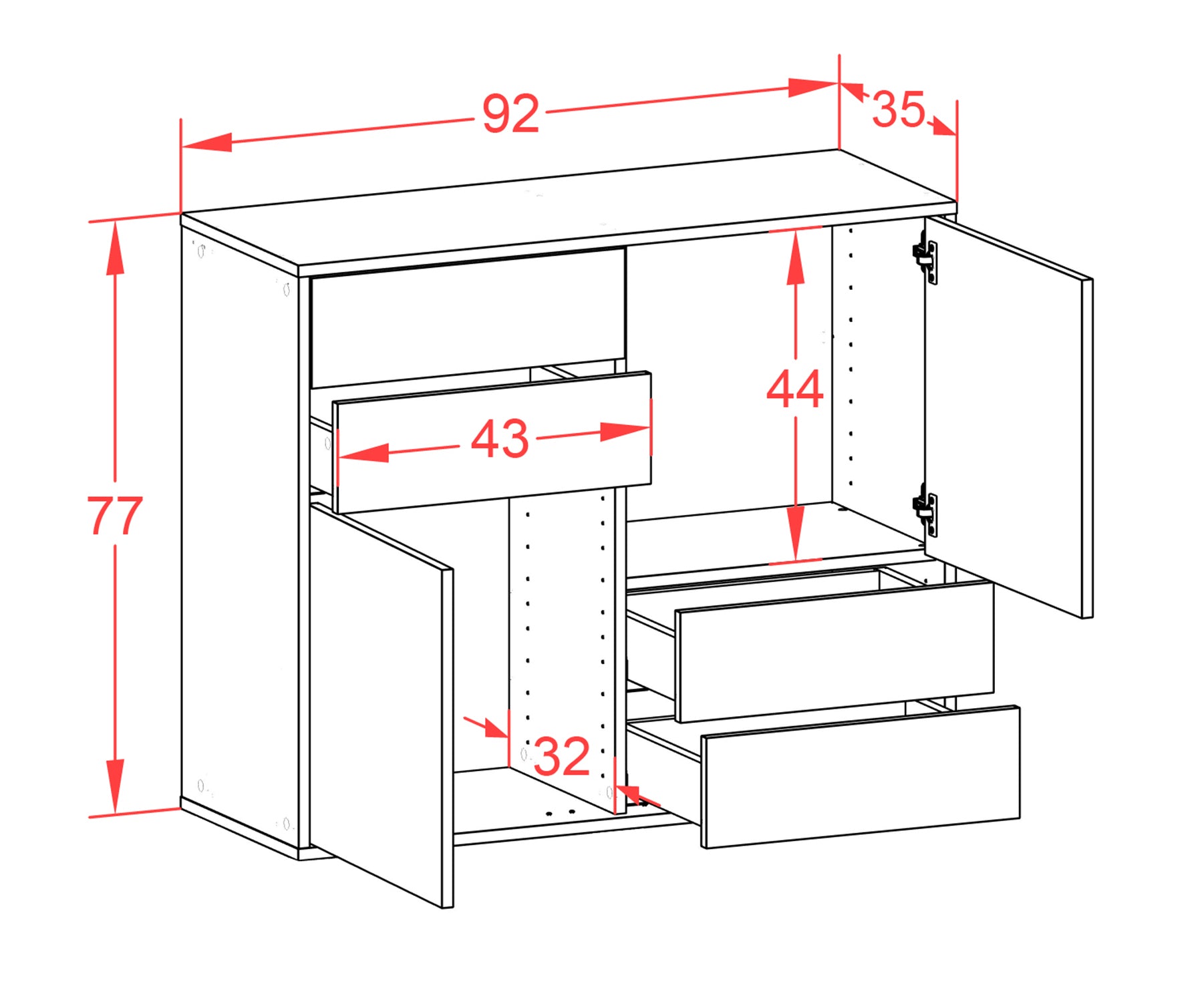 Sideboard - Ciara - Design Hochglanz - Wandmontiert mit Push to open  92 cm Anthrazit