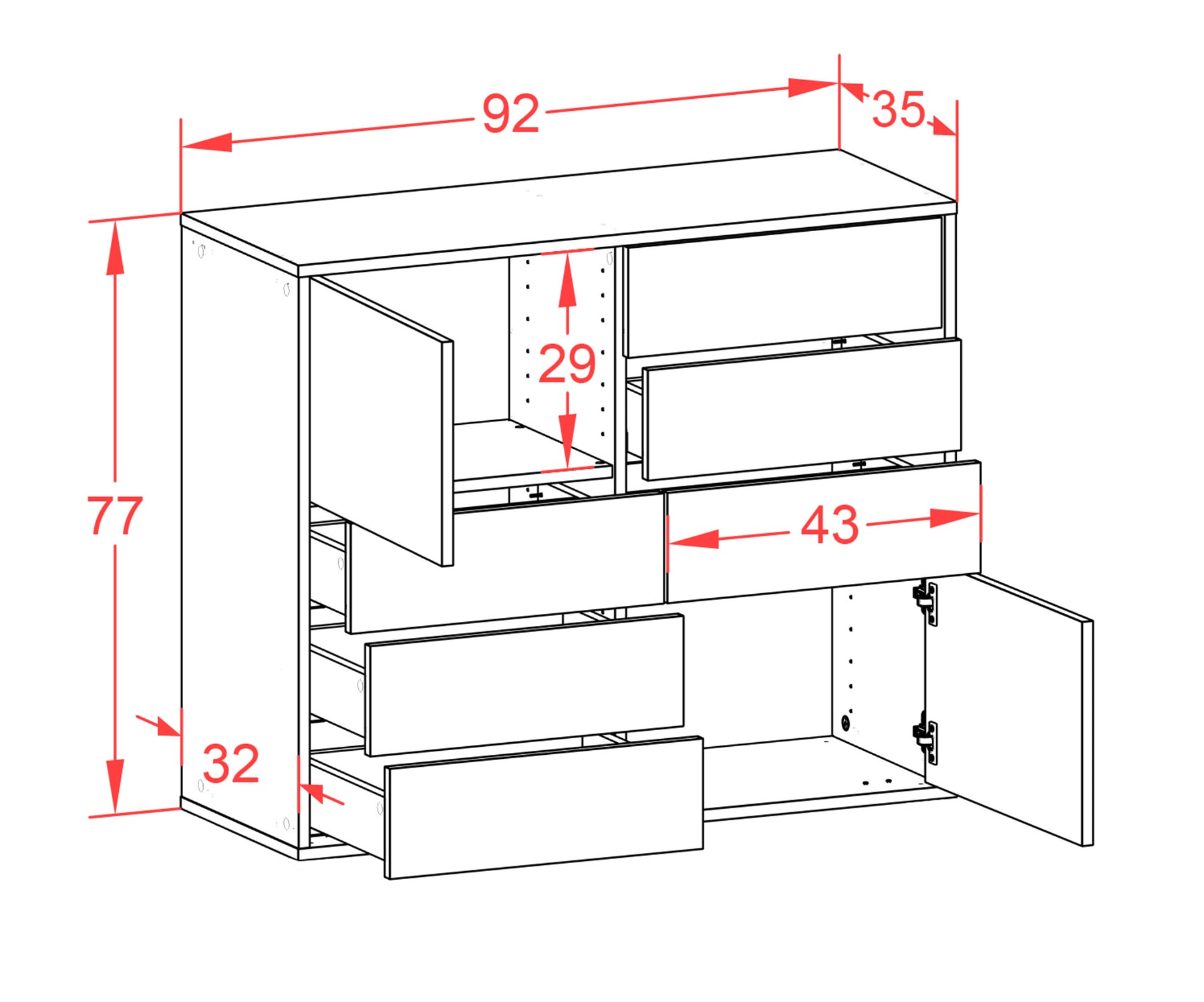 Sideboard - Clarissa - Design Holzdekor - Wandmontiert mit Push to open  92 cm Anthrazit