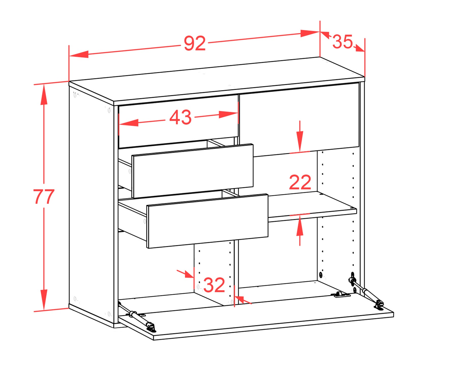 Sideboard - Coco - Design Hochglanz - Wandmontiert mit Push to open  92 cm Anthrazit