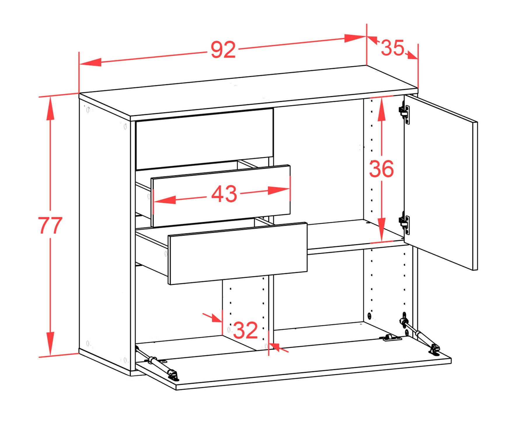 Sideboard - Corina - Design Holzdekor - Wandmontiert mit Push to open  92 cm Anthrazit