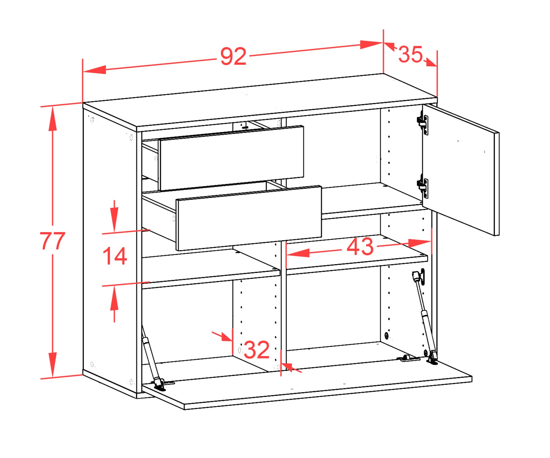 Sideboard - Cornelia - Design Holzdekor - Wandmontiert mit Push to open  92 cm Anthrazit