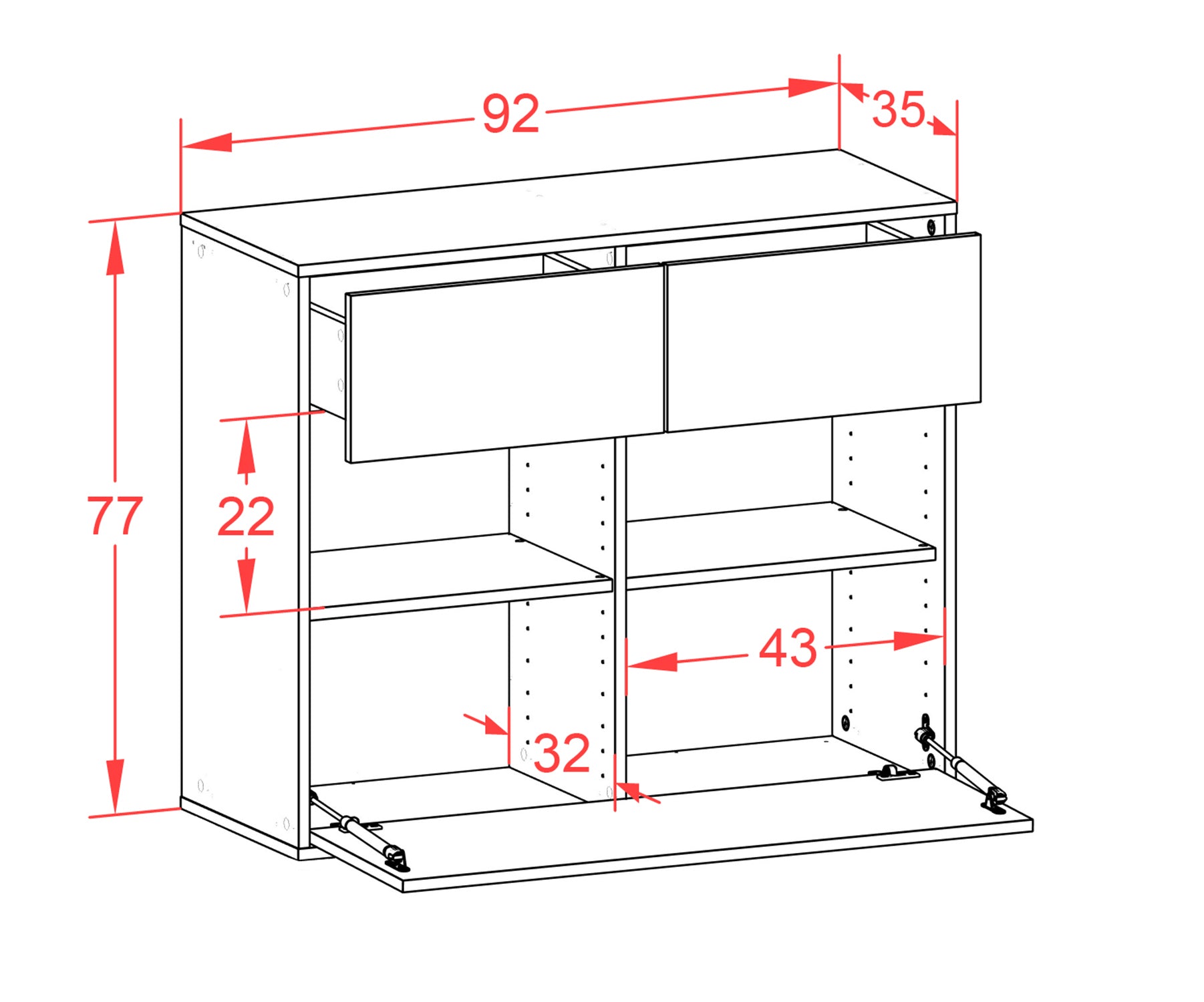 Sideboard - Cosima - Design Farbakzent - Wandmontiert mit Push to open  92 cm Anthrazit