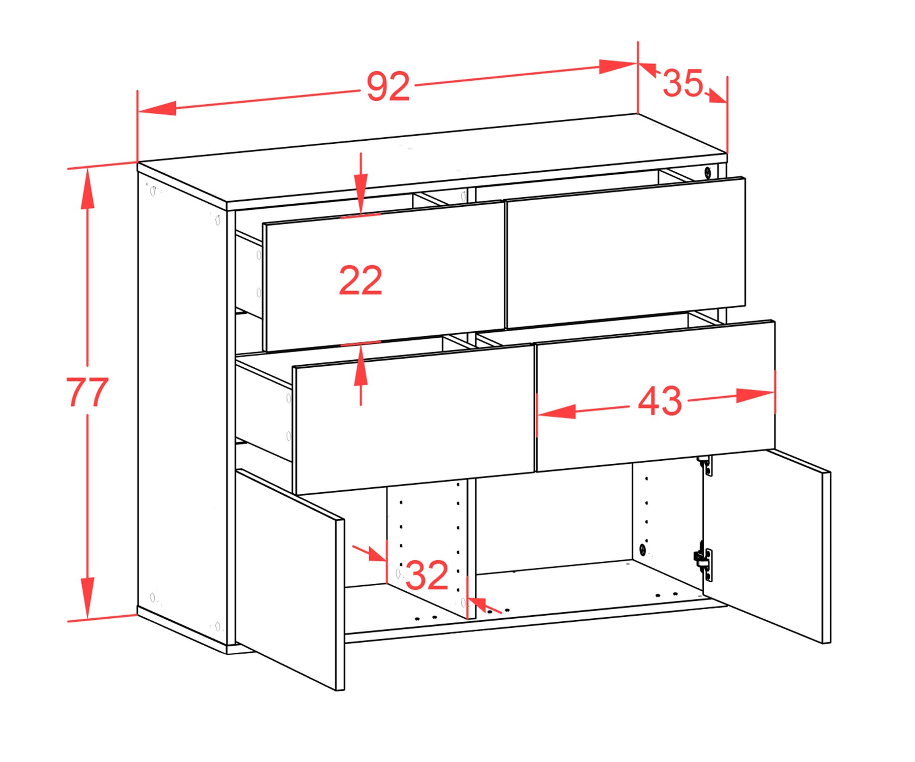 Sideboard - Dalida - Design Farbakzent - Wandmontiert mit Push to open  92 cm Anthrazit