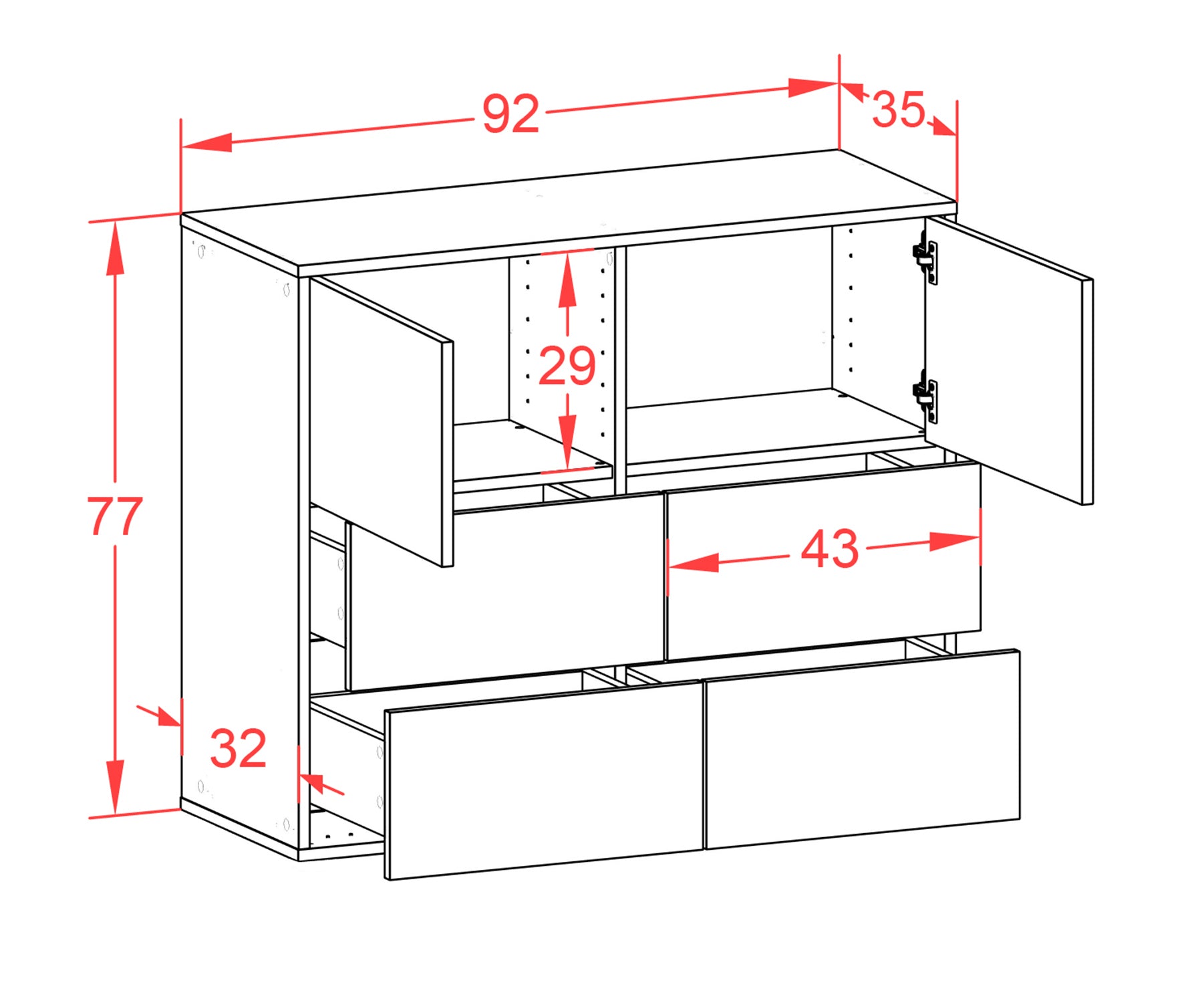 Sideboard - Dana - Design Hochglanz - Wandmontiert mit Push to open  92 cm Anthrazit