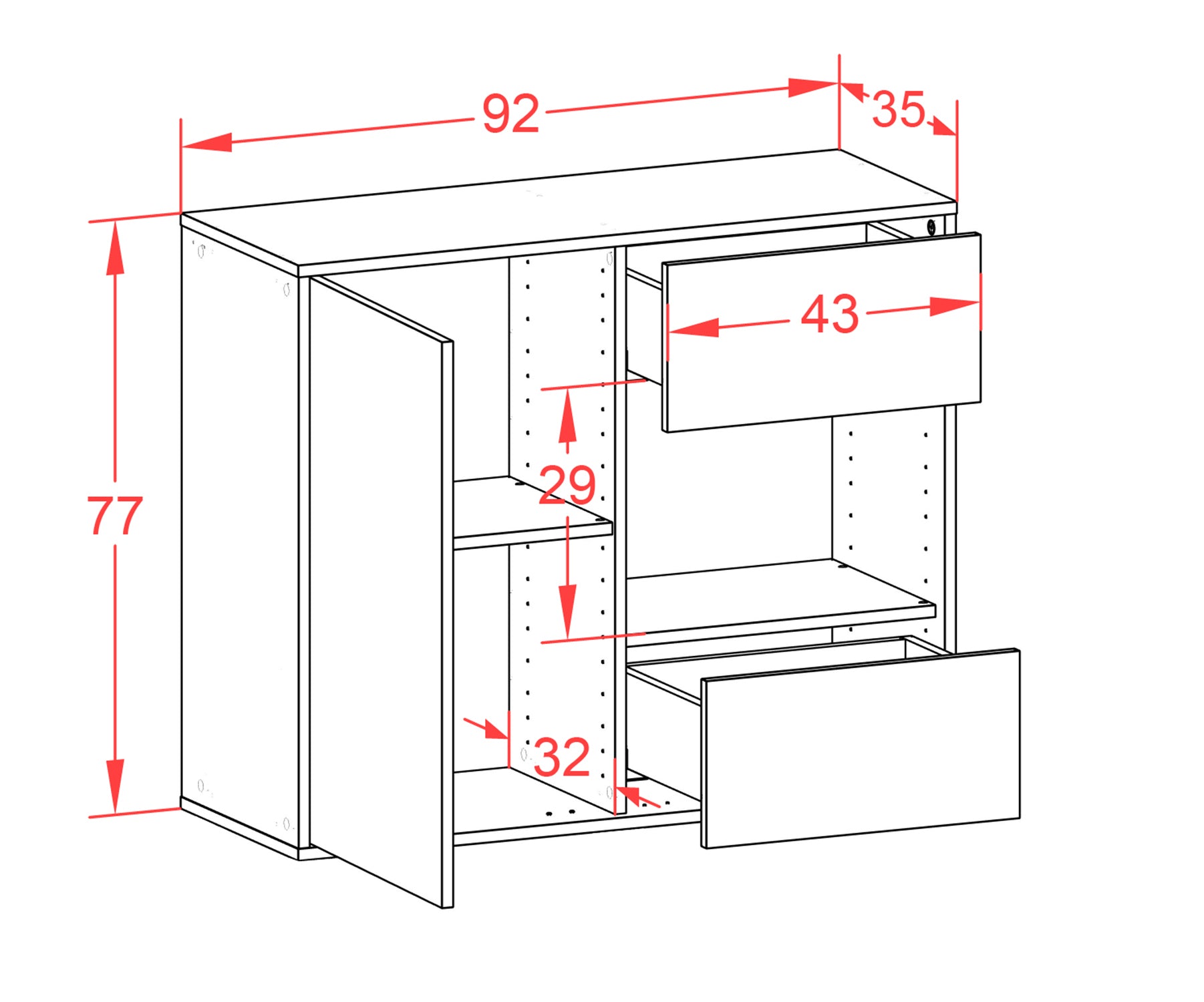 Sideboard - Danica - Design Hochglanz - Wandmontiert mit Push to open  92 cm Anthrazit