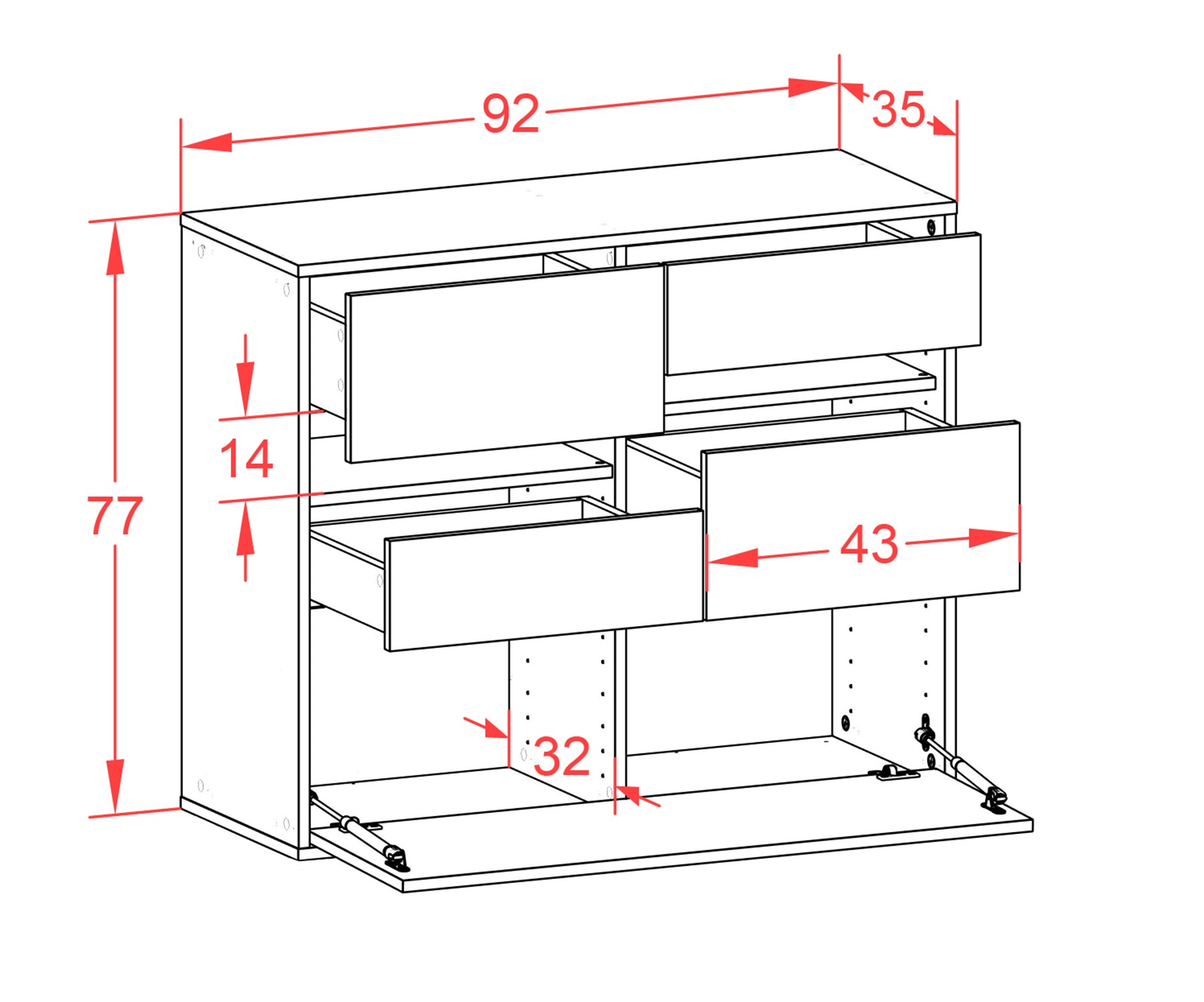 Sideboard - Daria - Design Holzdekor - Wandmontiert mit Push to open  92 cm Anthrazit