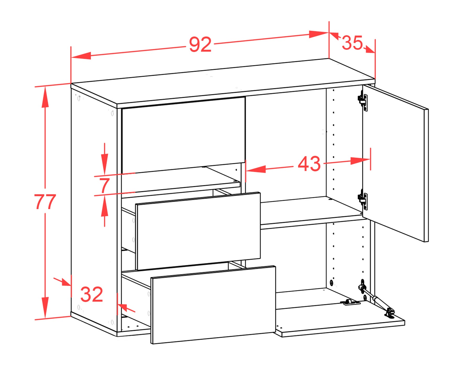 Sideboard - Davina - Design Hochglanz - Wandmontiert mit Push to open  92 cm Anthrazit