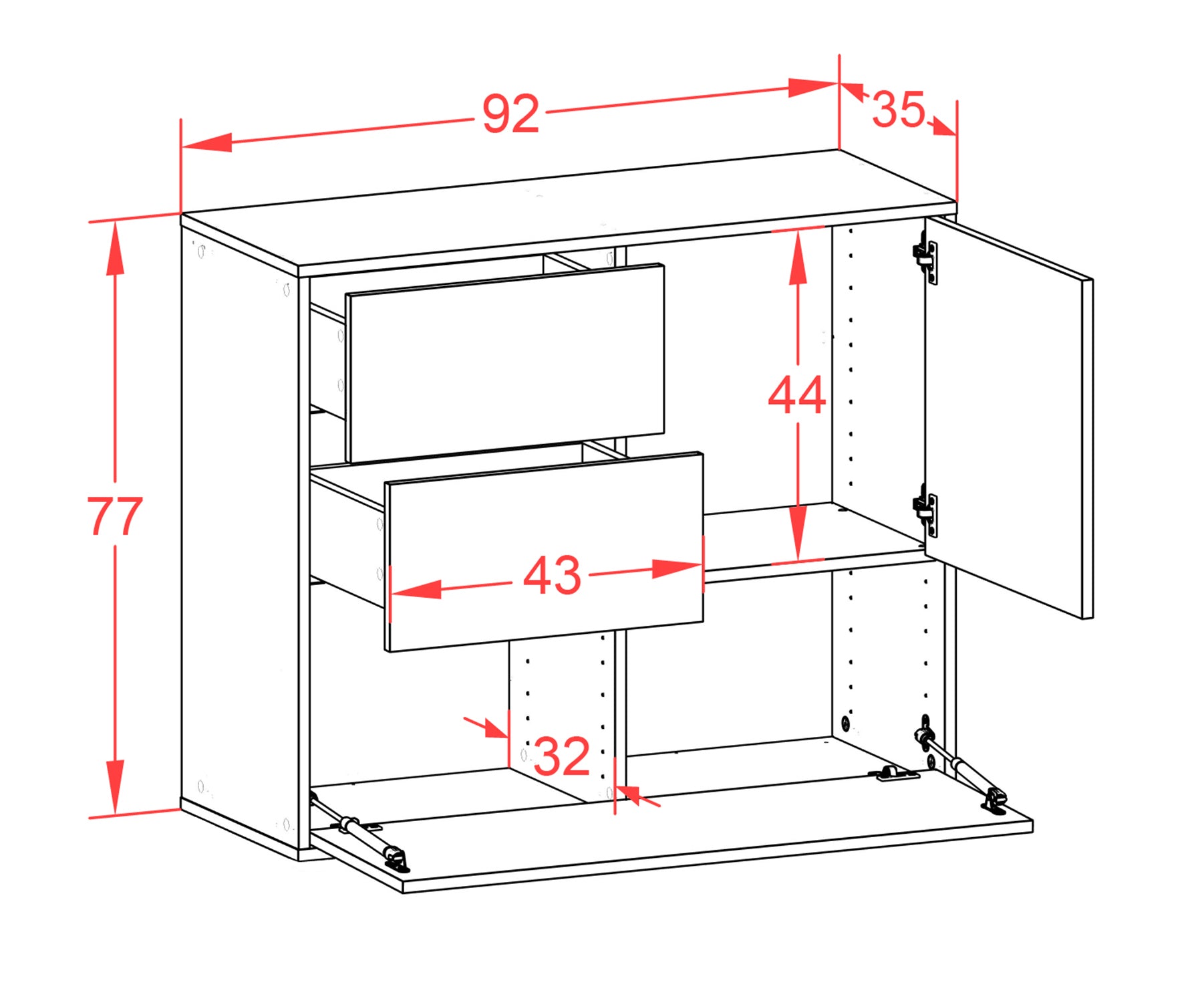 Sideboard - Deanna - Design Hochglanz - Wandmontiert mit Push to open  92 cm Anthrazit