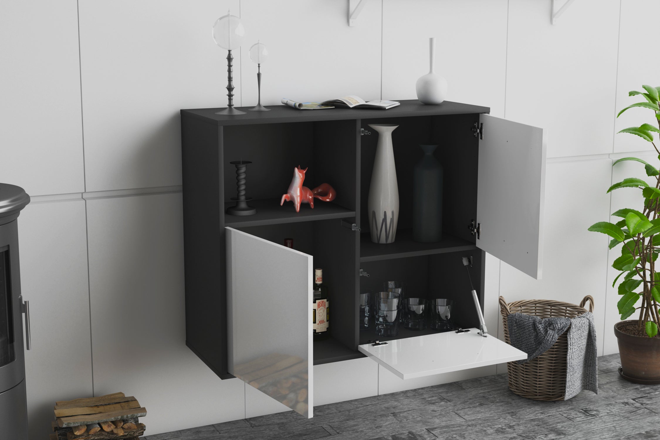 Sideboard - Carina - Design Hochglanz - Wandmontiert mit Push to open  92 cm Anthrazit