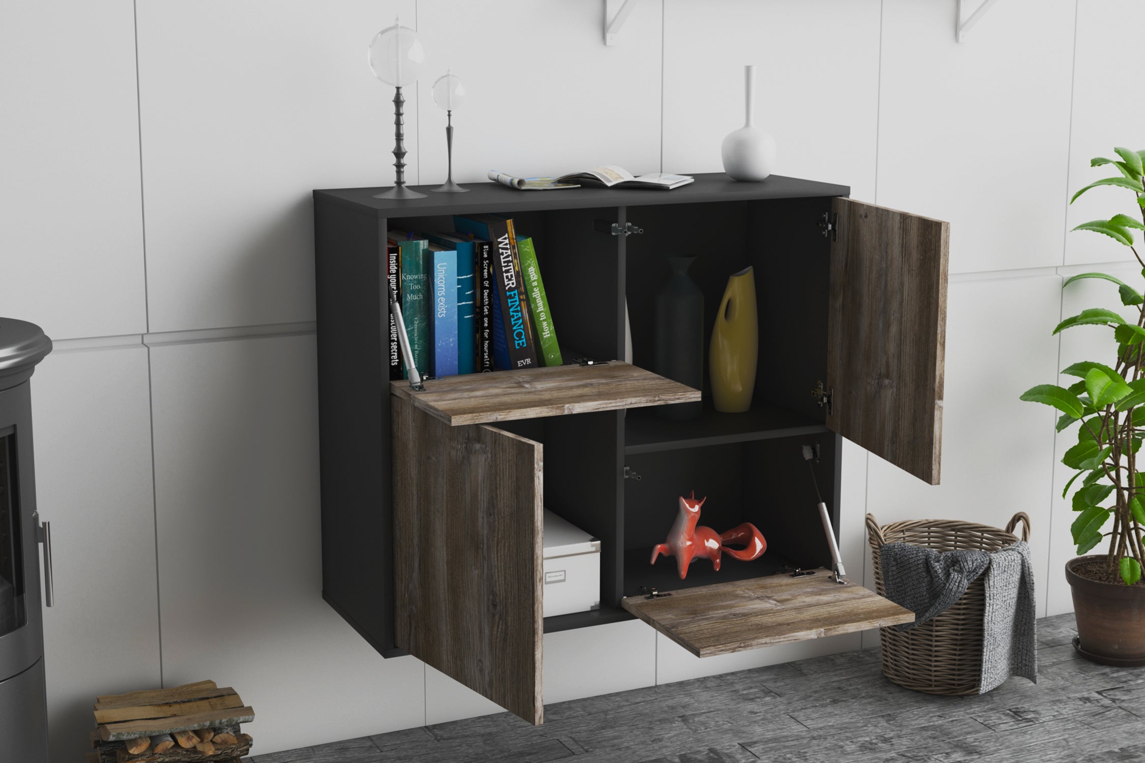 Sideboard - Carla - Design Holzdekor - Wandmontiert mit Push to open  92 cm Anthrazit