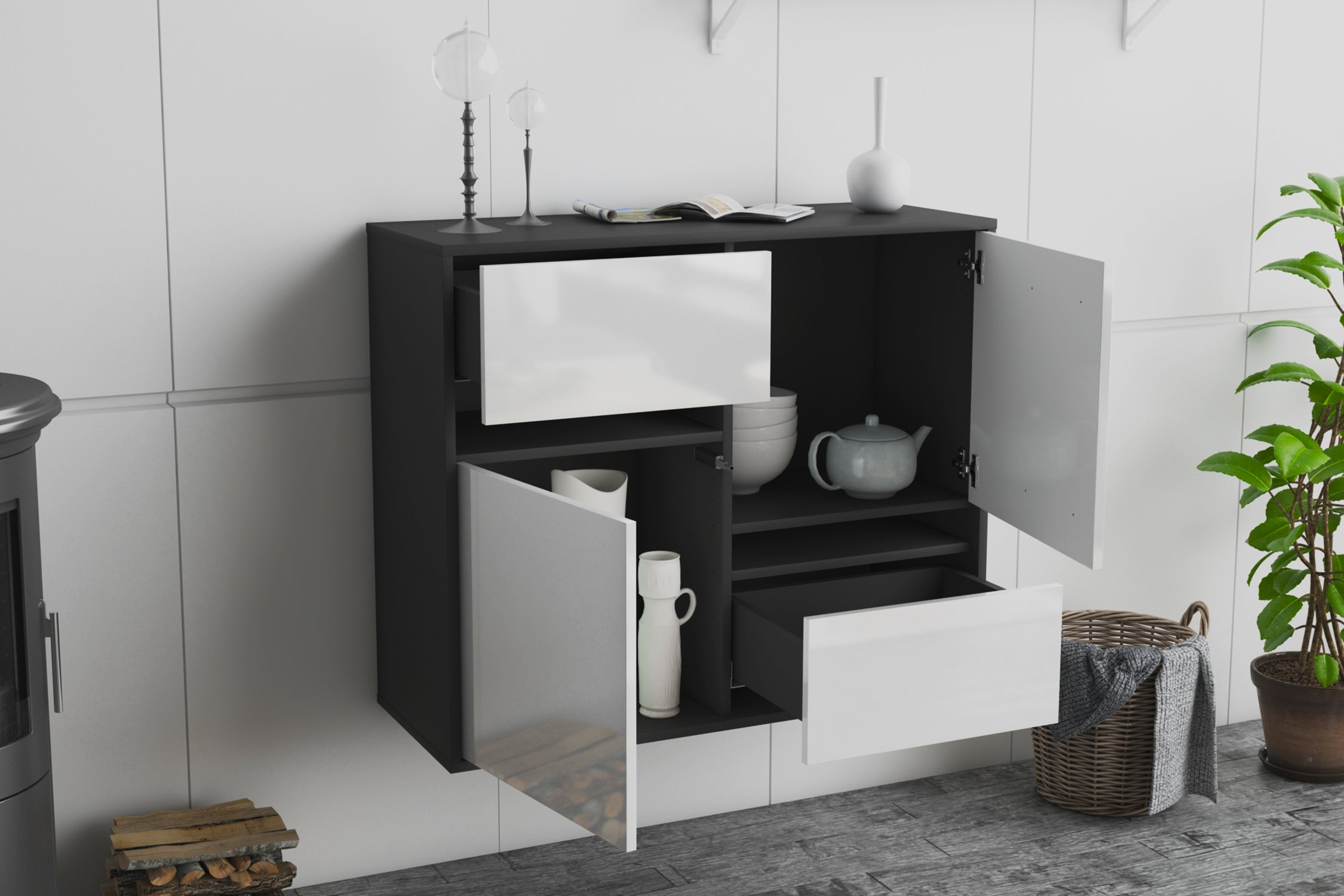 Sideboard - Carlotta - Design Hochglanz - Wandmontiert mit Push to open  92 cm Anthrazit