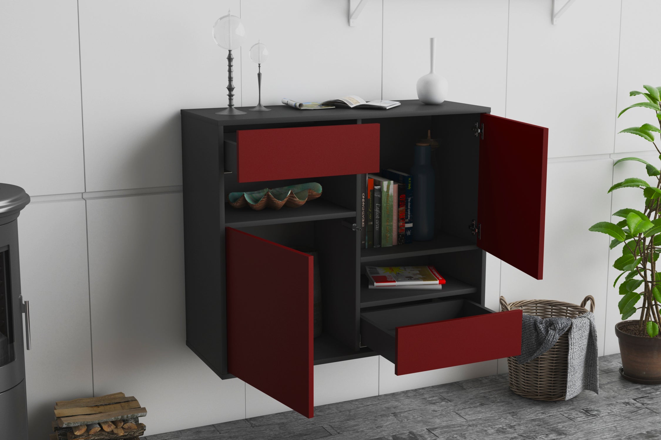 Sideboard - Carmelina - Design Farbakzent - Wandmontiert mit Push to open  92 cm Anthrazit