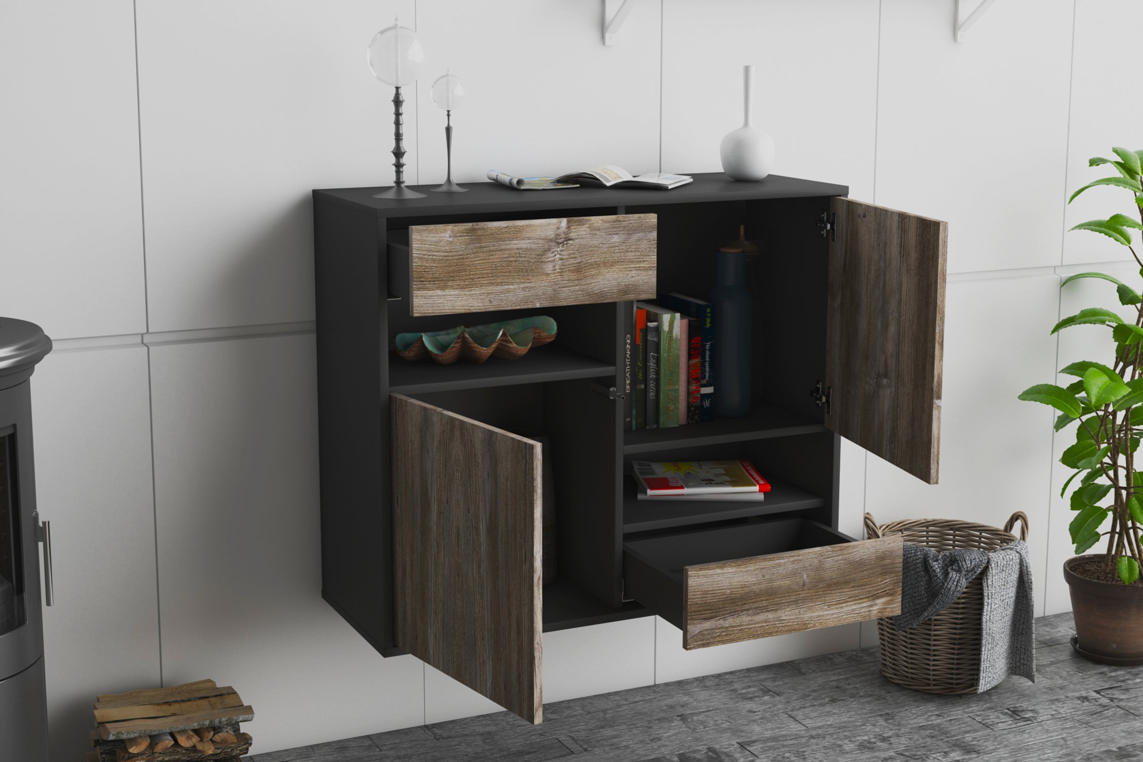 Sideboard - Carmelina - Design Holzdekor - Wandmontiert mit Push to open  92 cm Anthrazit
