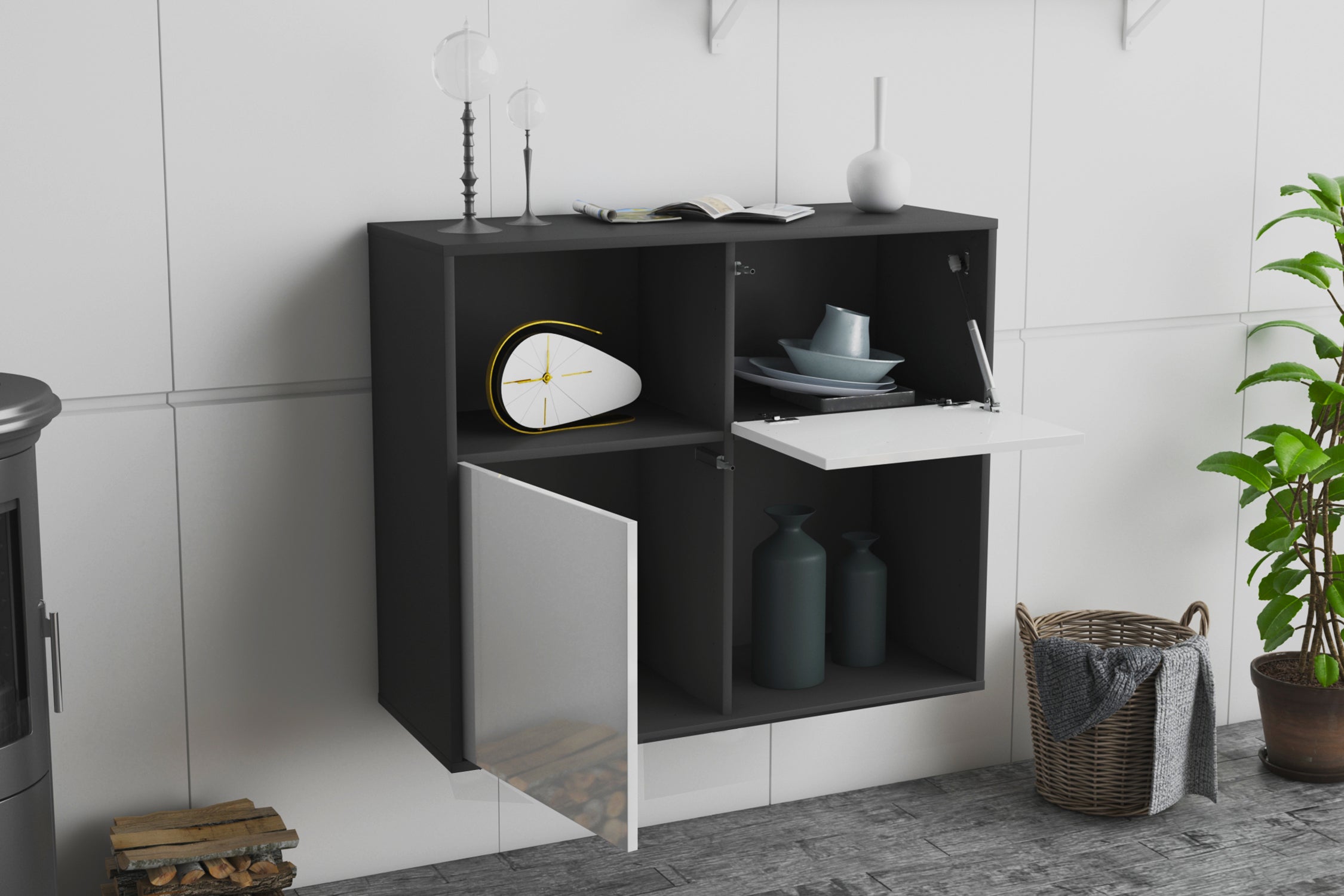 Sideboard - Carola - Design Hochglanz - Wandmontiert mit Push to open  92 cm Anthrazit