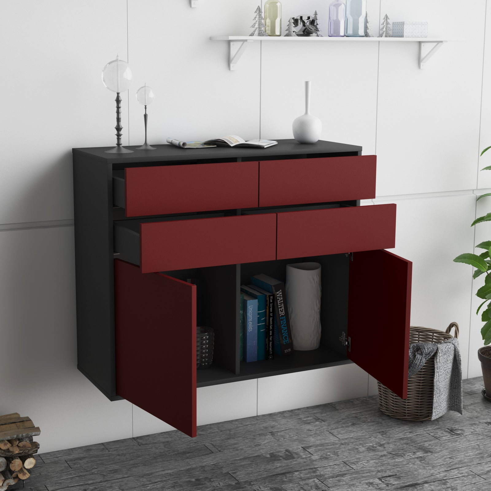 Sideboard - Celia - Design Farbakzent - Wandmontiert mit Push to open  92 cm Anthrazit