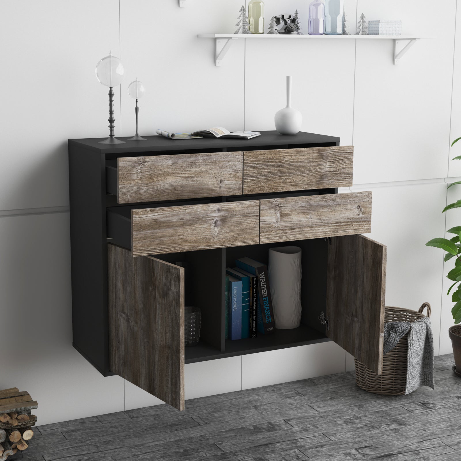 Sideboard - Celia - Design Holzdekor - Wandmontiert mit Push to open  92 cm Anthrazit