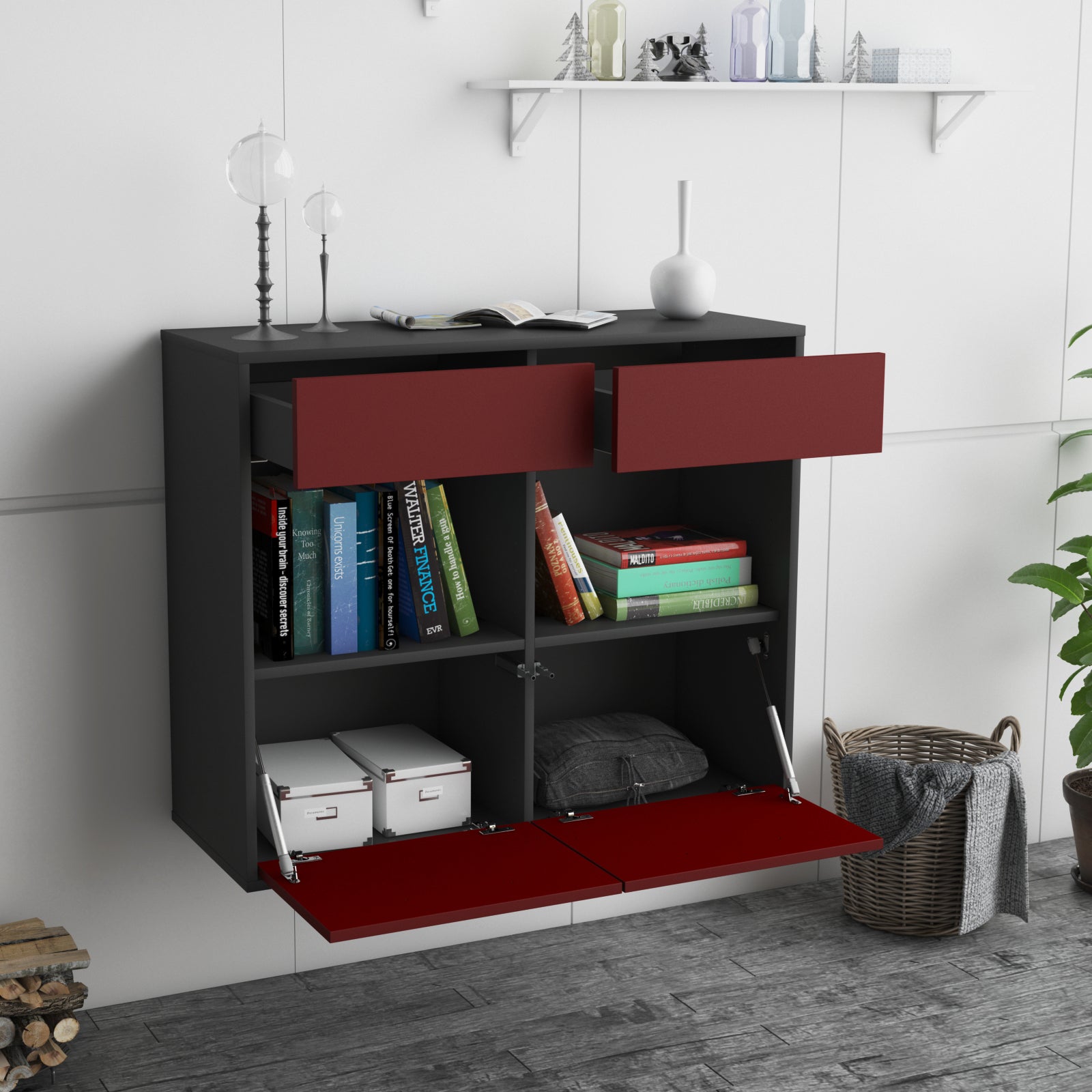 Sideboard - Christina - Design Farbakzent - Wandmontiert mit Push to open  92 cm Anthrazit