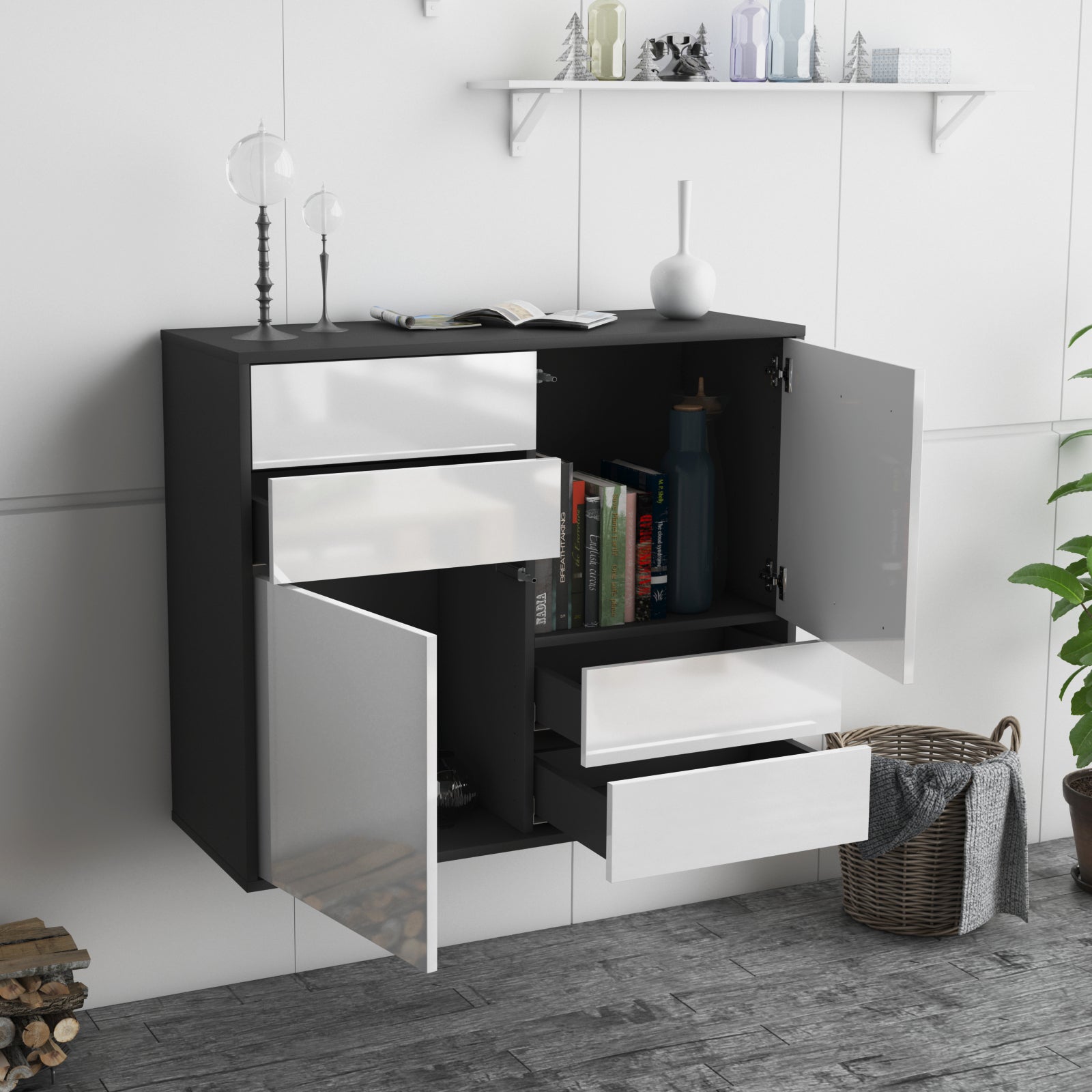 Sideboard - Ciara - Design Hochglanz - Wandmontiert mit Push to open  92 cm Anthrazit