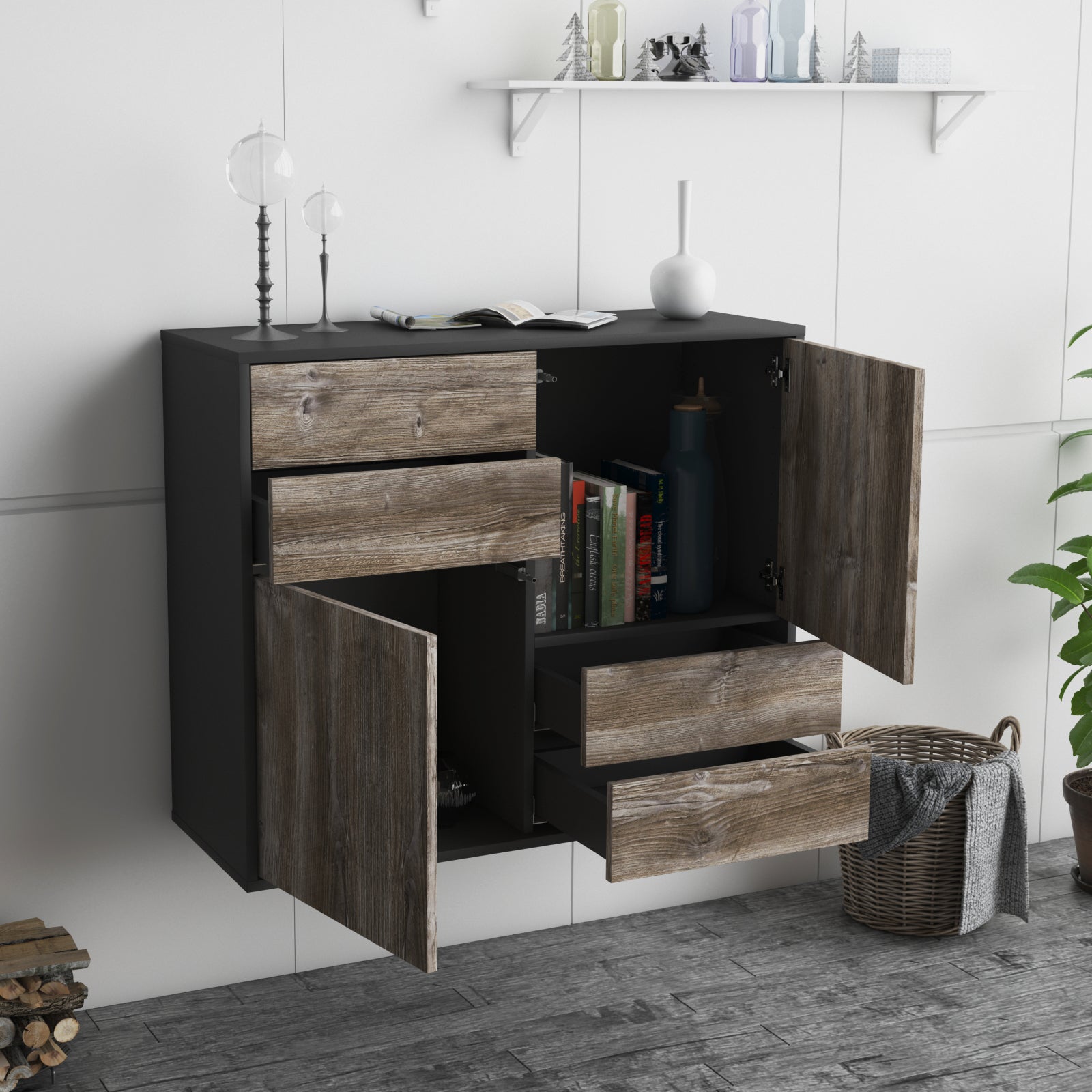 Sideboard - Ciara - Design Holzdekor - Wandmontiert mit Push to open  92 cm Anthrazit