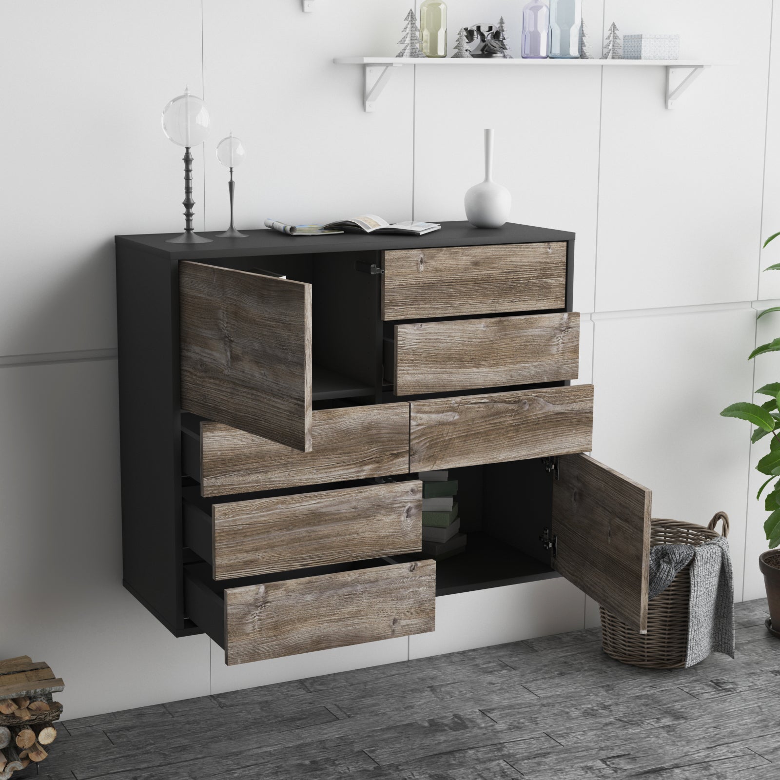Sideboard - Clarissa - Design Holzdekor - Wandmontiert mit Push to open  92 cm Anthrazit
