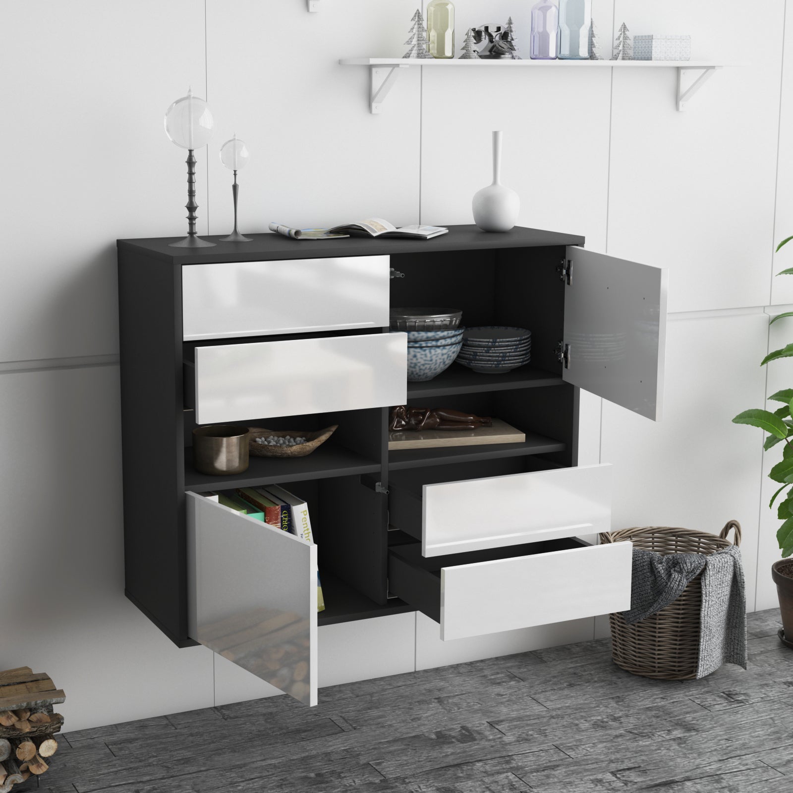 Sideboard - Claudia - Design Hochglanz - Wandmontiert mit Push to open  92 cm Anthrazit