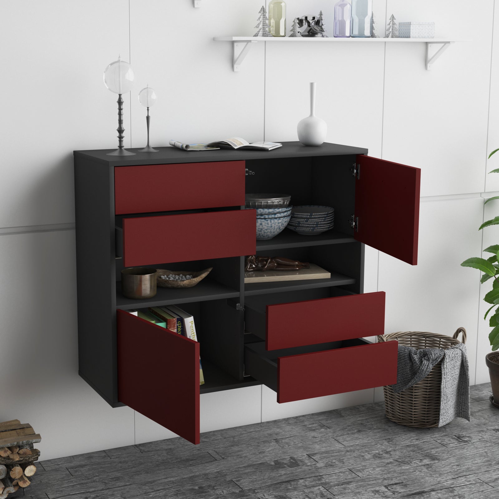 Sideboard - Claudia - Design Farbakzent - Wandmontiert mit Push to open  92 cm Anthrazit