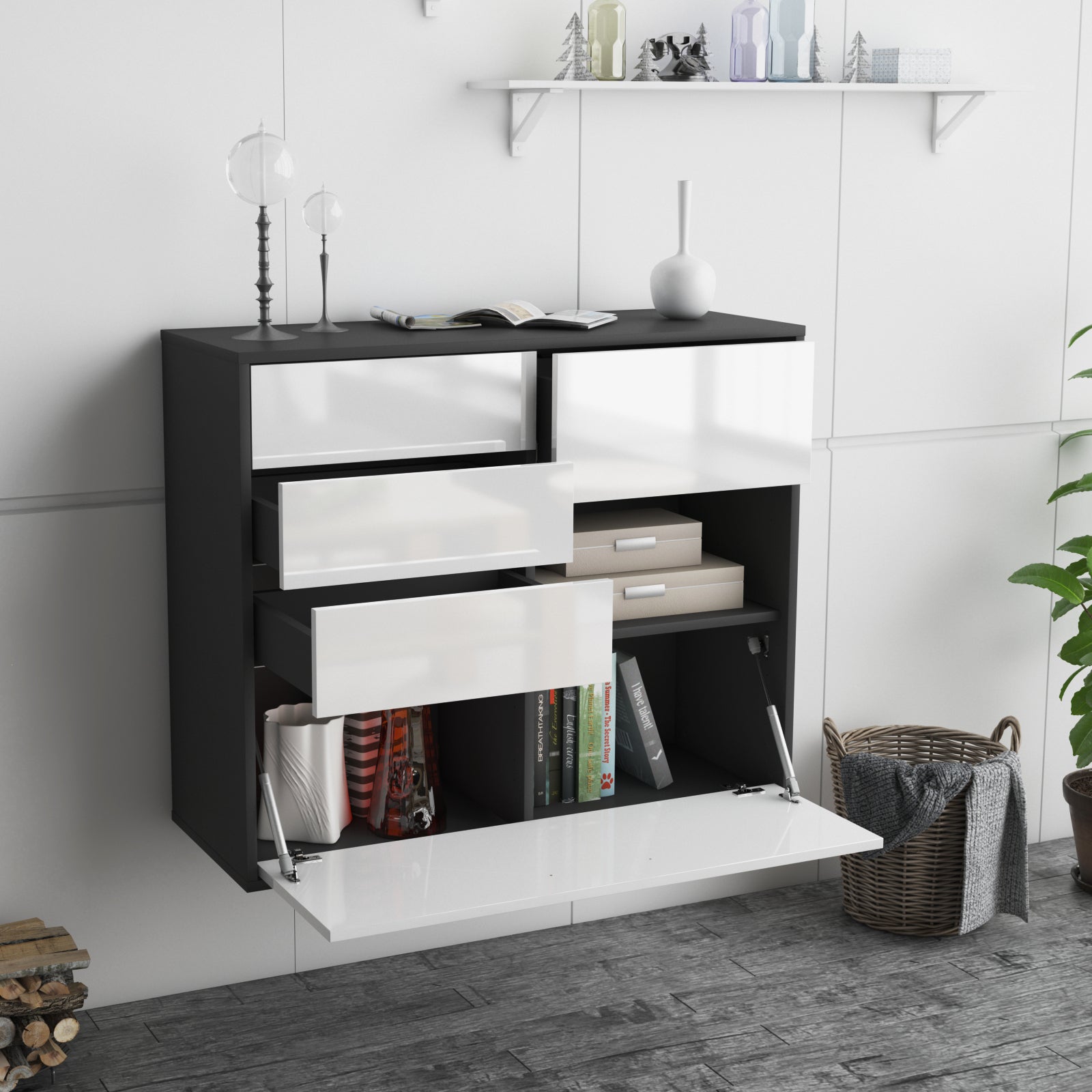 Sideboard - Coco - Design Hochglanz - Wandmontiert mit Push to open  92 cm Anthrazit