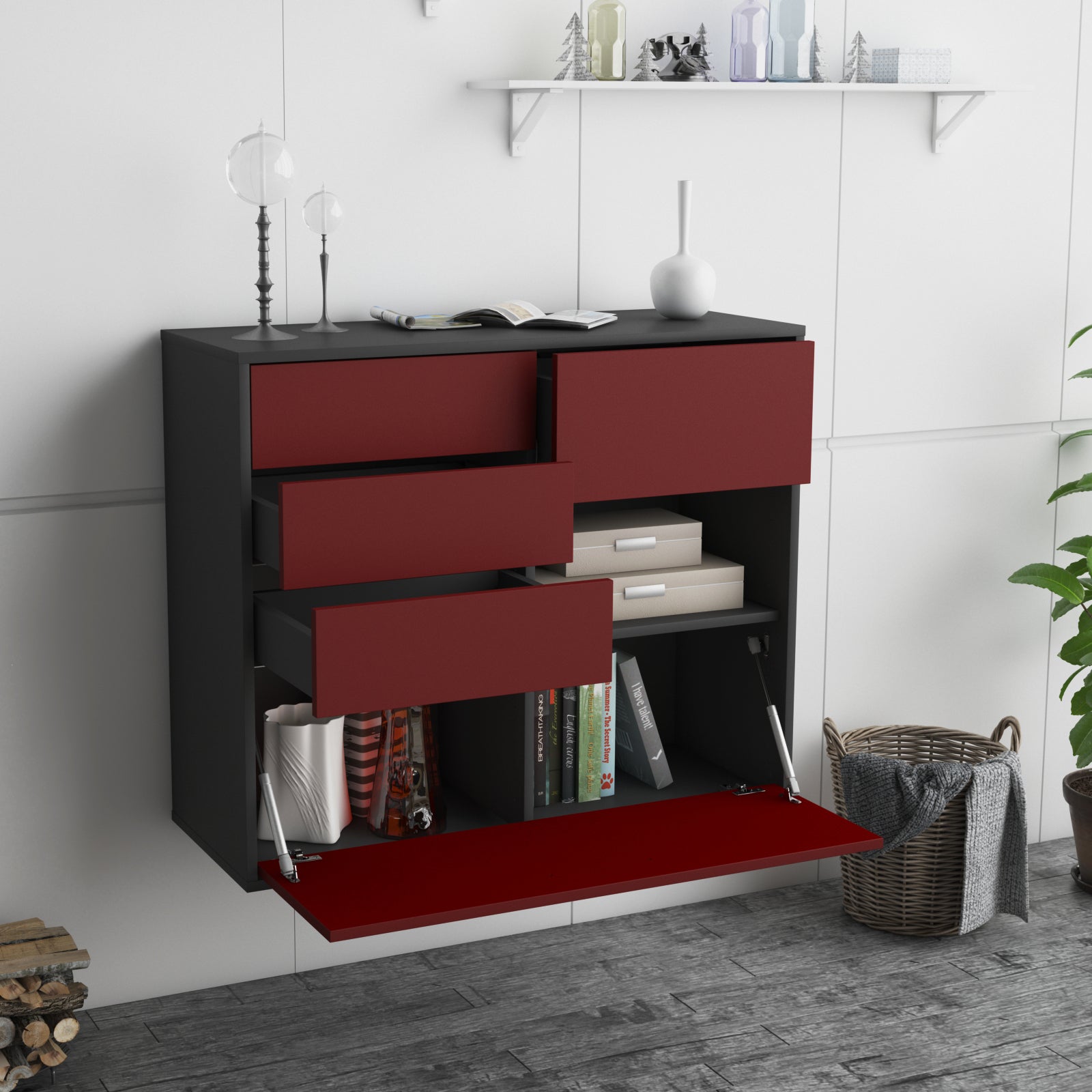 Sideboard - Coco - Design Farbakzent - Wandmontiert mit Push to open  92 cm Anthrazit