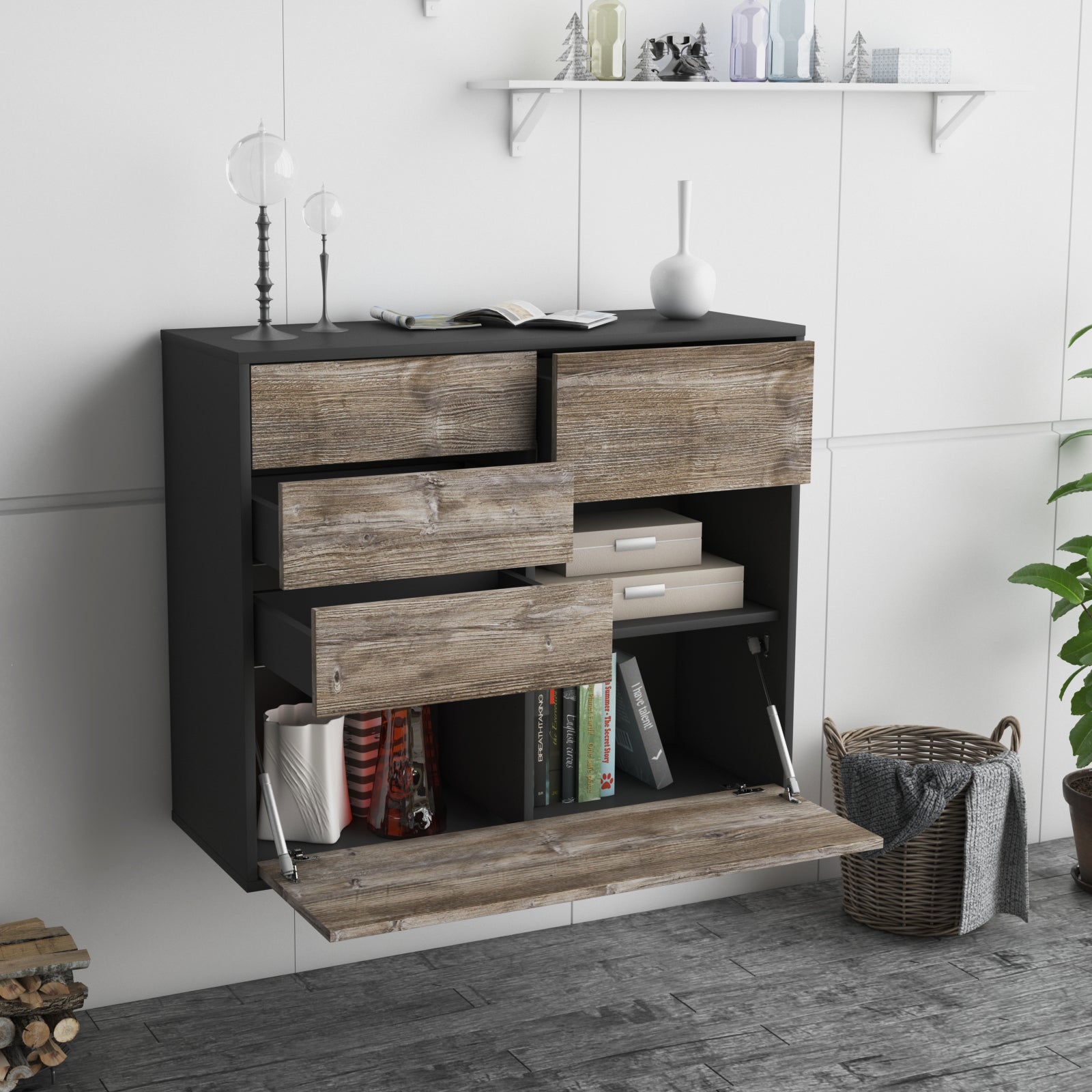 Sideboard - Coco - Design Holzdekor - Wandmontiert mit Push to open  92 cm Anthrazit