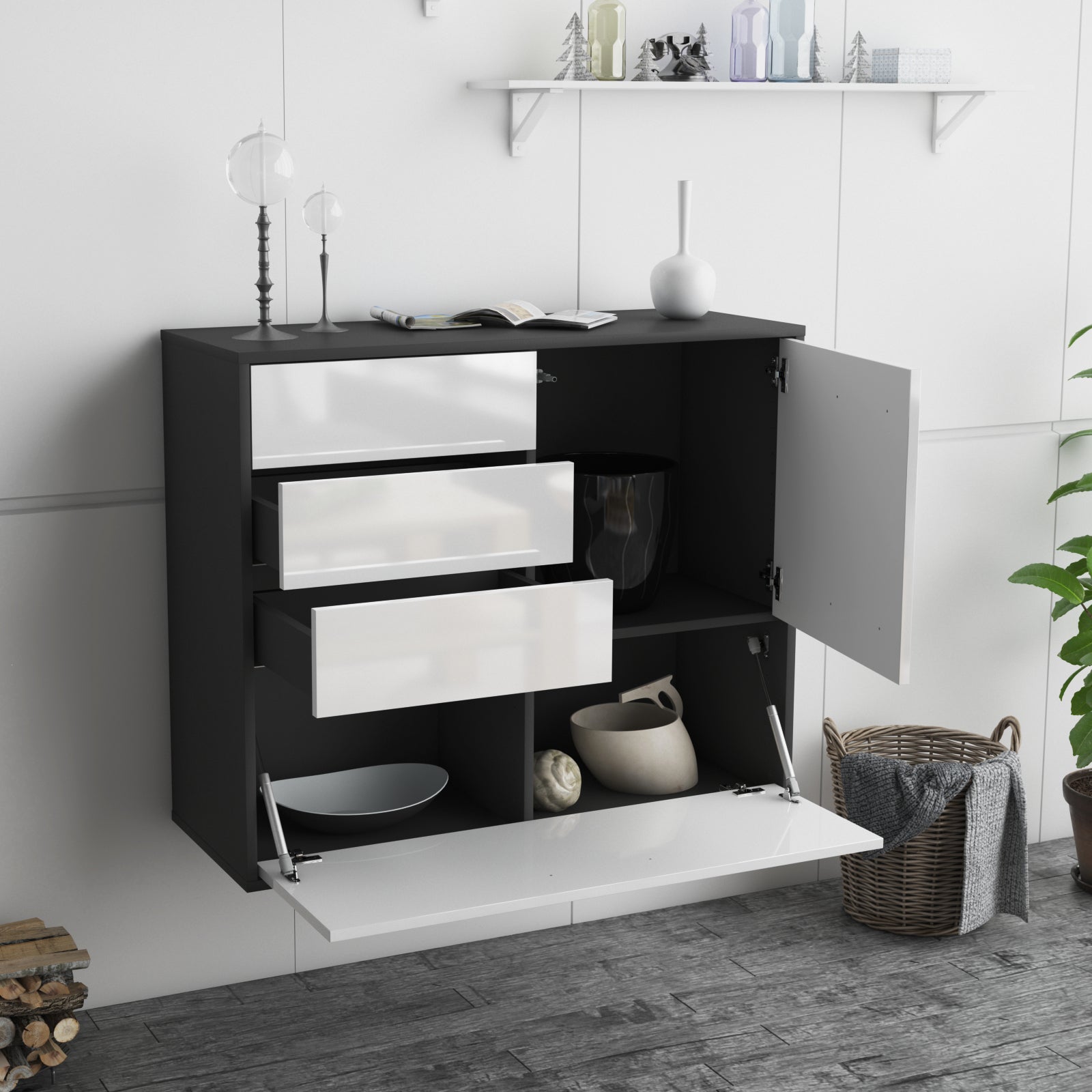 Sideboard - Corina - Design Hochglanz - Wandmontiert mit Push to open  92 cm Anthrazit