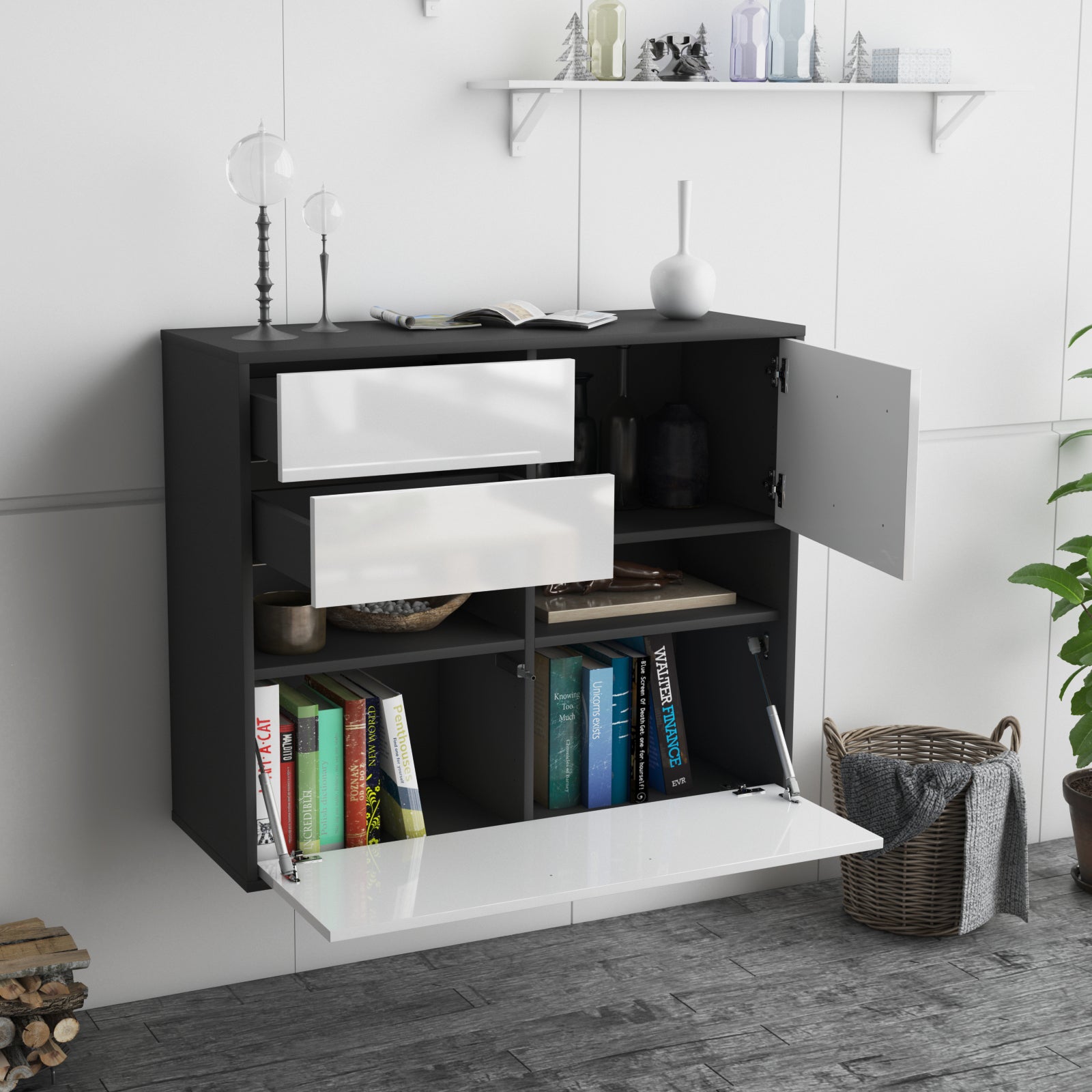 Sideboard - Cornelia - Design Hochglanz - Wandmontiert mit Push to open  92 cm Anthrazit
