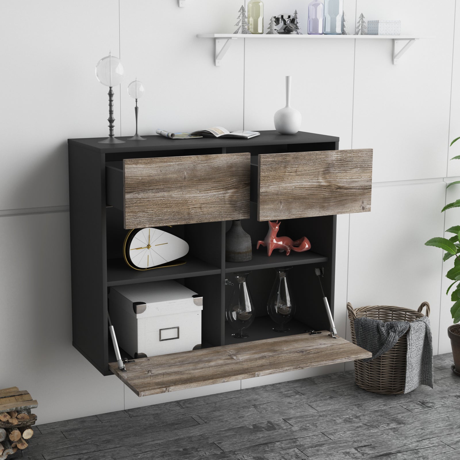 Sideboard - Cosima - Design Holzdekor - Wandmontiert mit Push to open  92 cm Anthrazit