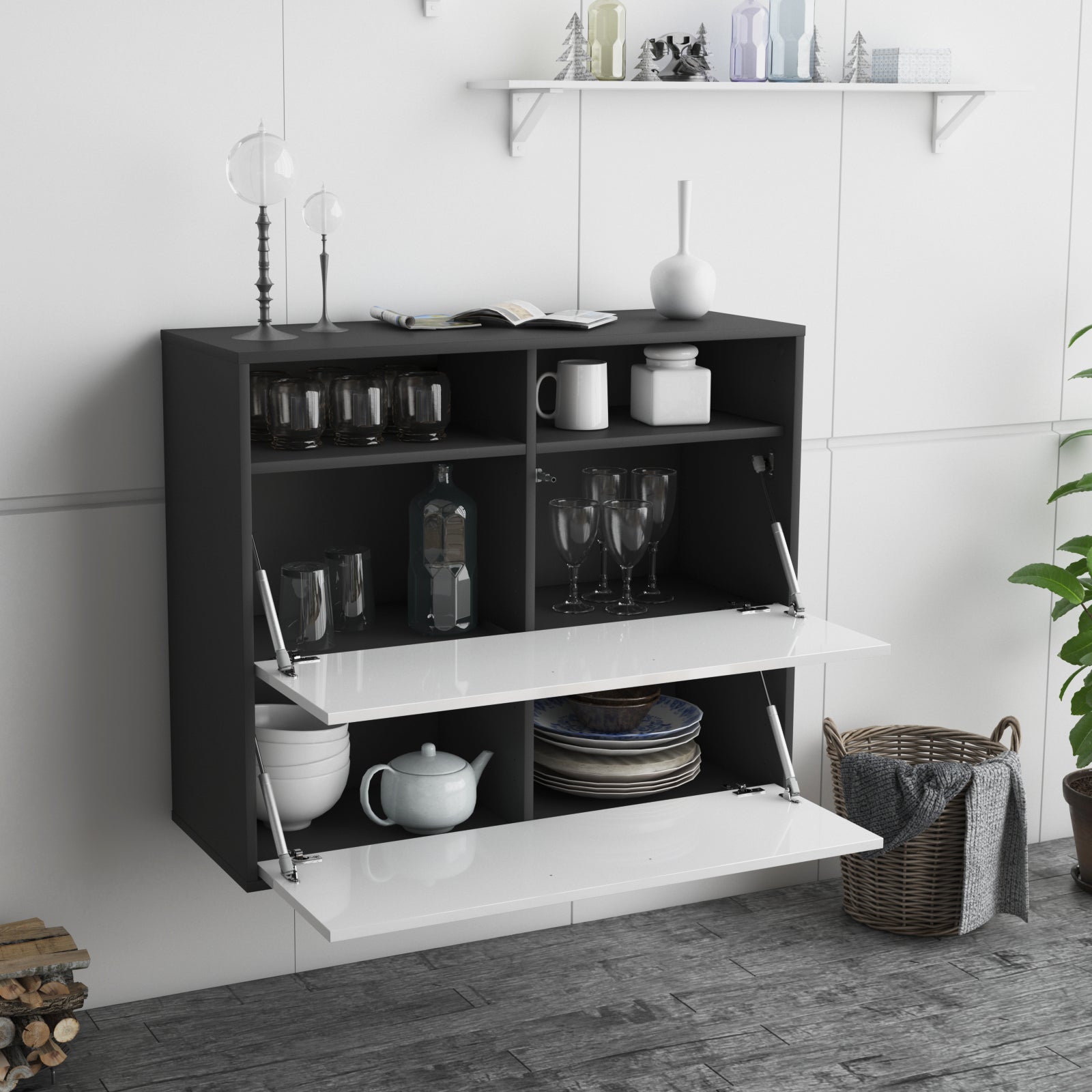 Sideboard - Cosma - Design Hochglanz - Wandmontiert mit Push to open  92 cm Anthrazit