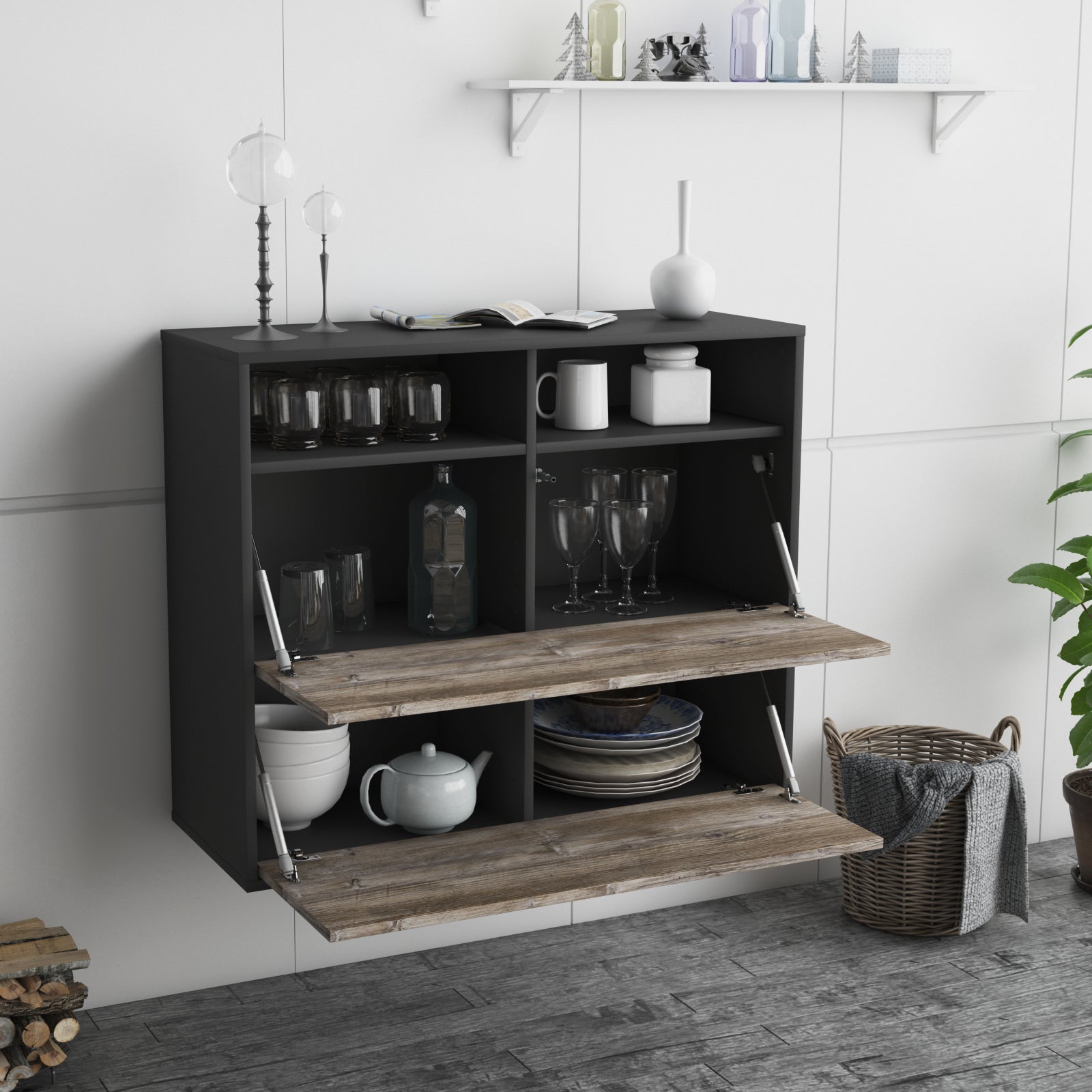 Sideboard - Cosma - Design Holzdekor - Wandmontiert mit Push to open  92 cm Anthrazit