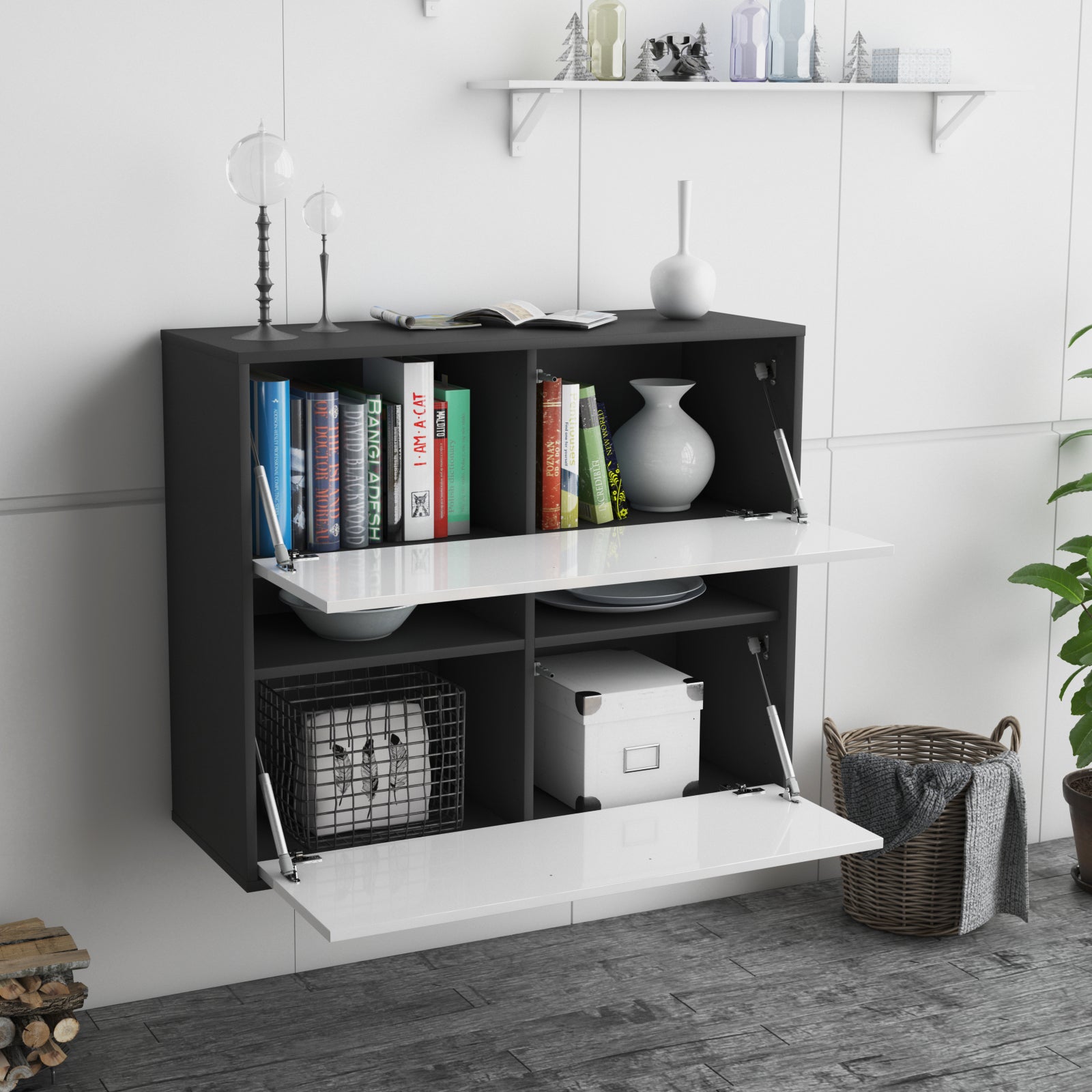 Sideboard - Dalia - Design Hochglanz - Wandmontiert mit Push to open  92 cm Anthrazit