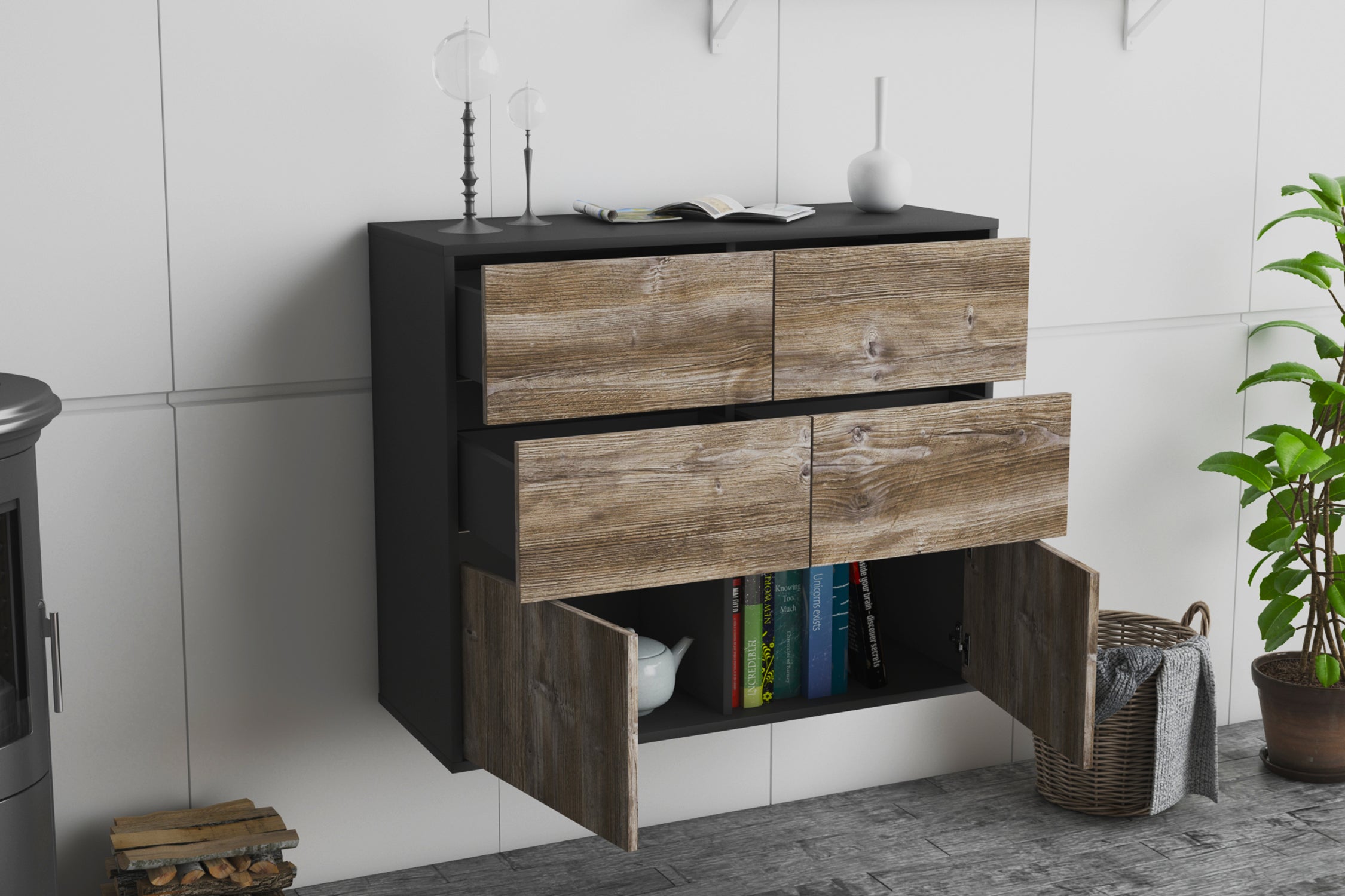 Sideboard - Dalida - Design Holzdekor - Wandmontiert mit Push to open  92 cm Anthrazit