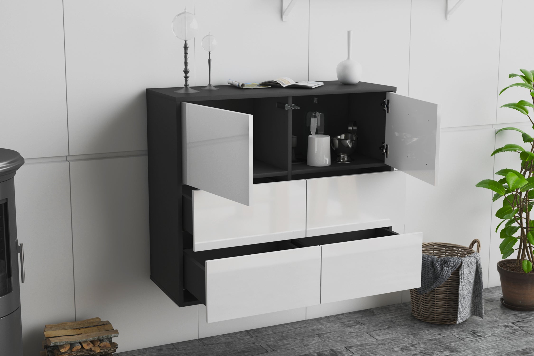 Sideboard - Dana - Design Hochglanz - Wandmontiert mit Push to open  92 cm Anthrazit