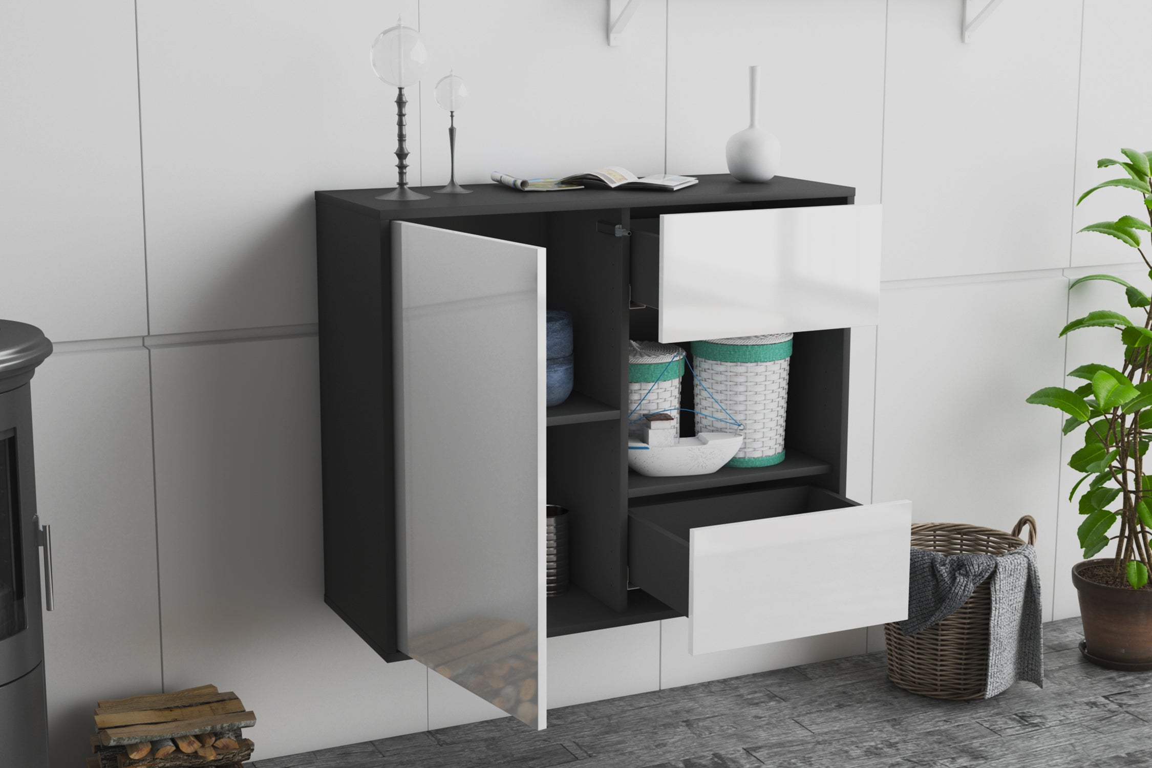 Sideboard - Danica - Design Hochglanz - Wandmontiert mit Push to open  92 cm Anthrazit