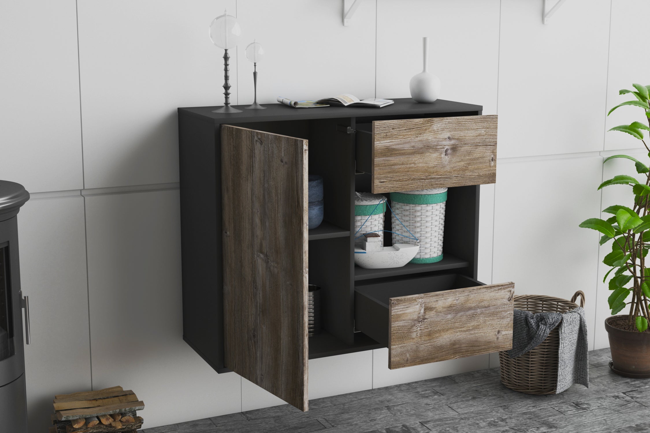 Sideboard - Danica - Design Holzdekor - Wandmontiert mit Push to open  92 cm Anthrazit