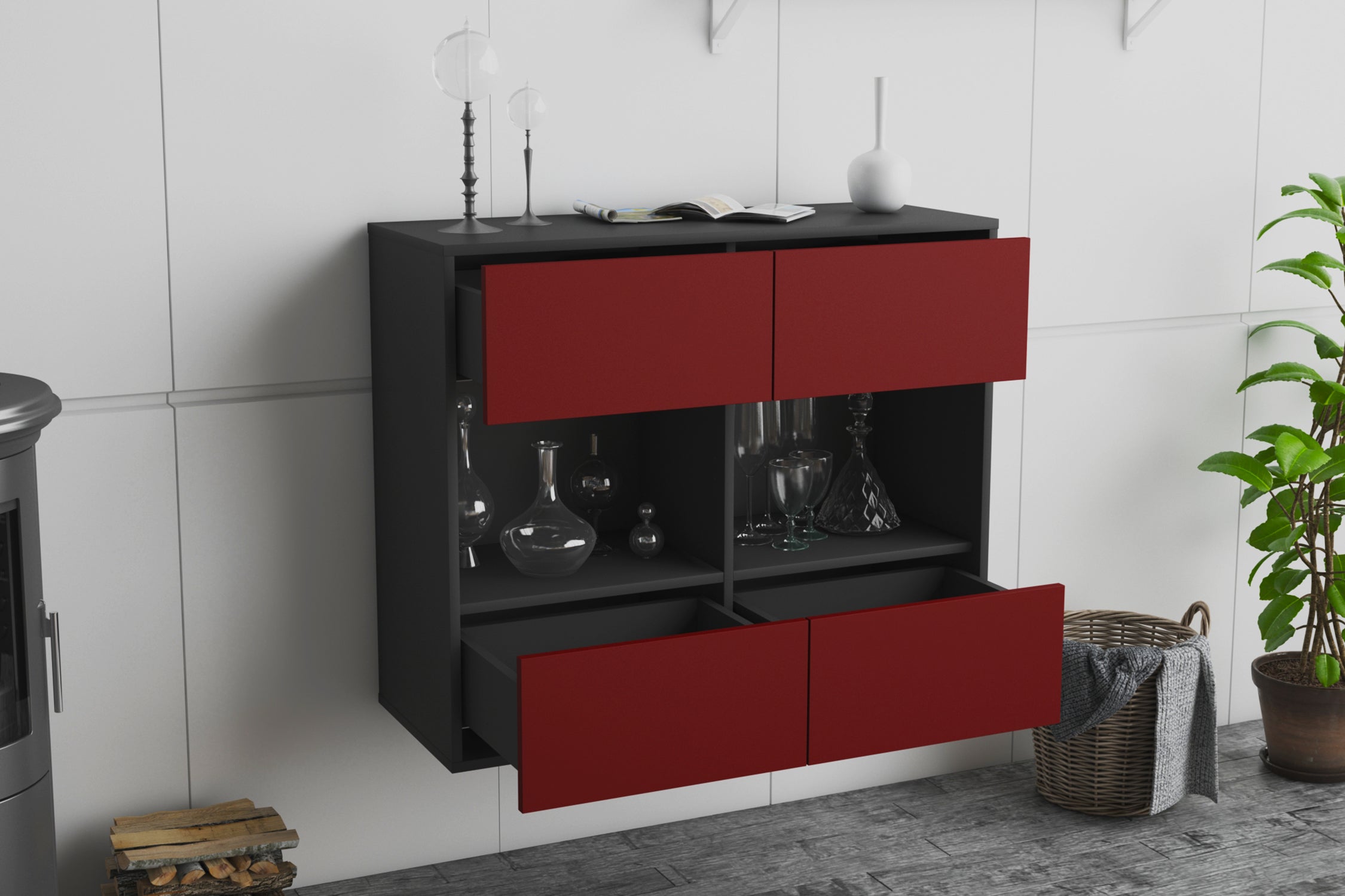 Sideboard - Daniela - Design Farbakzent - Wandmontiert mit Push to open  92 cm Anthrazit