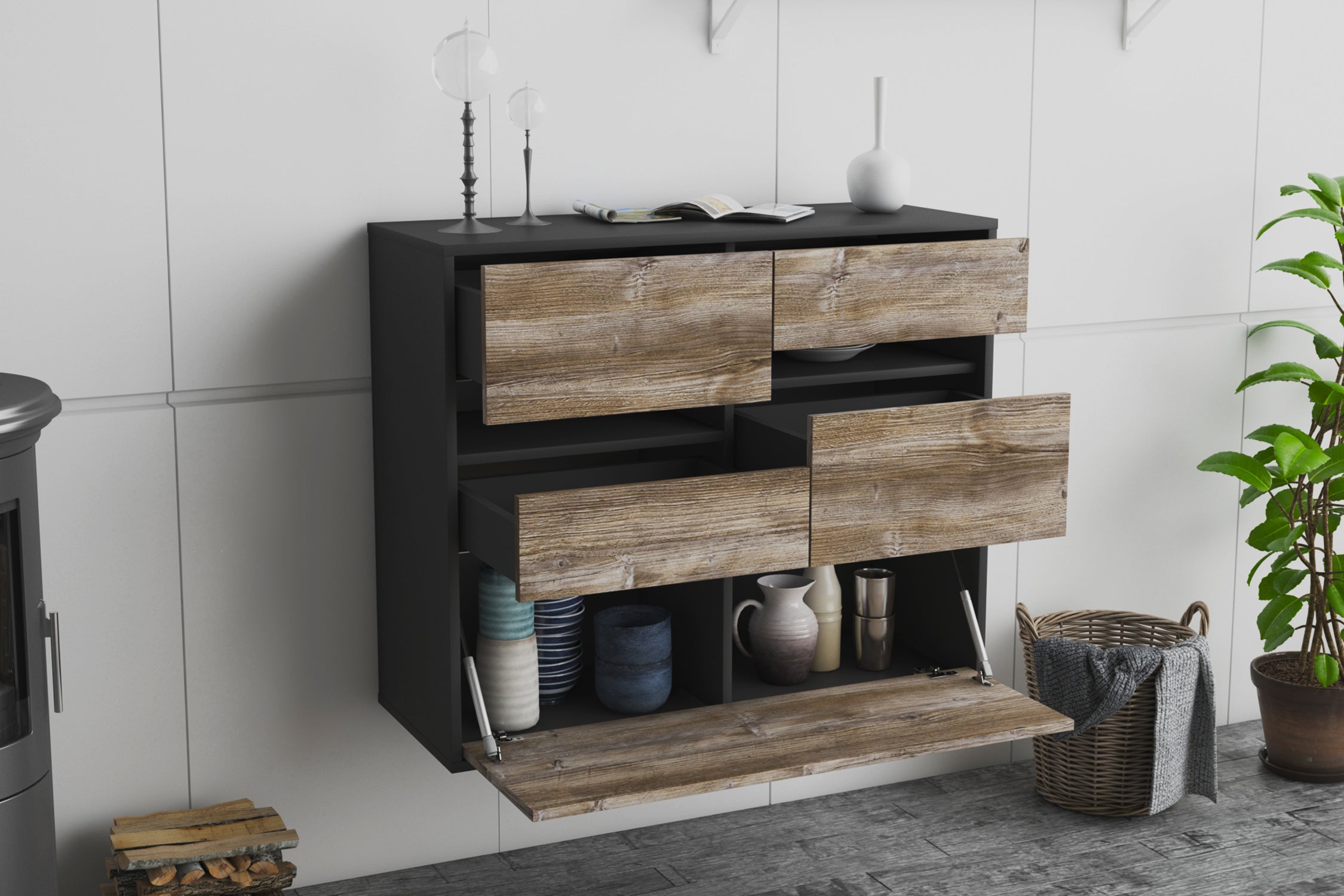 Sideboard - Daria - Design Holzdekor - Wandmontiert mit Push to open  92 cm Anthrazit