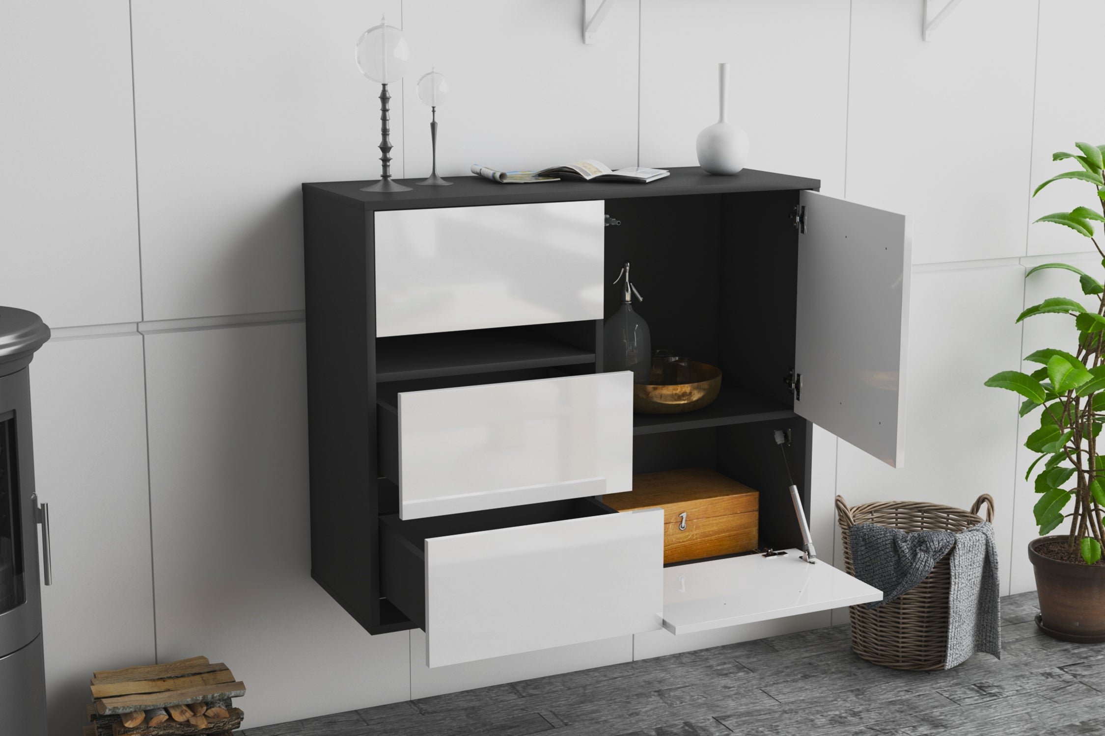 Sideboard - Davina - Design Hochglanz - Wandmontiert mit Push to open  92 cm Anthrazit