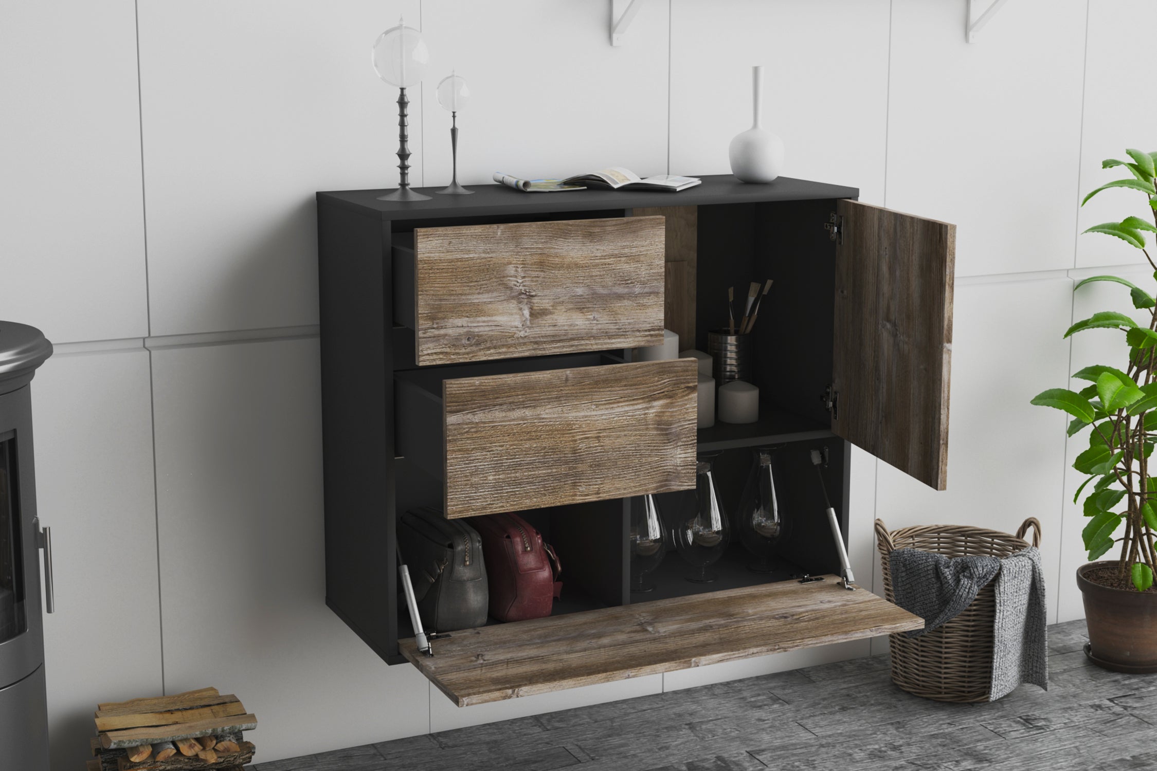 Sideboard - Deanna - Design Holzdekor - Wandmontiert mit Push to open  92 cm Anthrazit