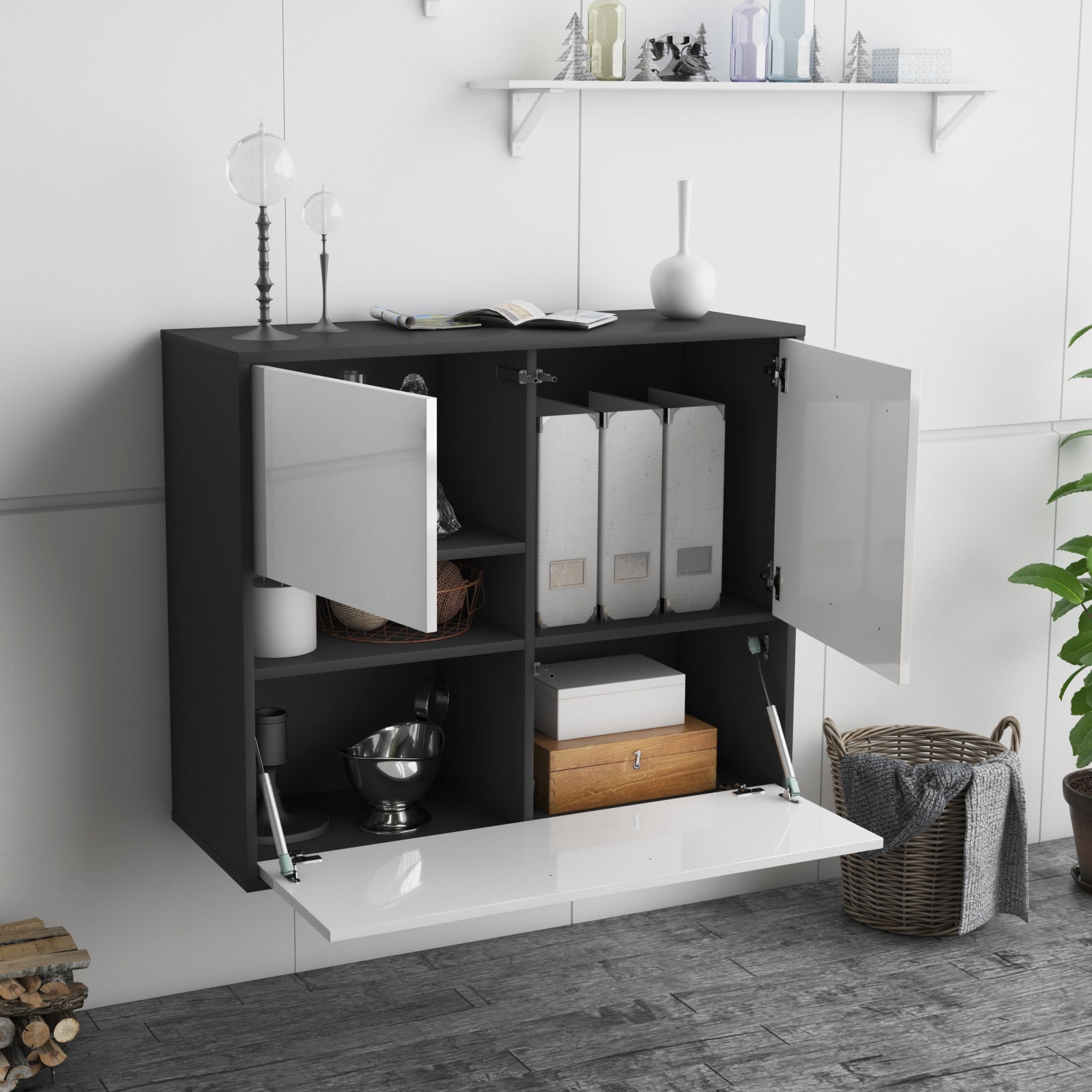 Sideboard - Debora - Design Hochglanz - Wandmontiert mit Push to open  92 cm Anthrazit