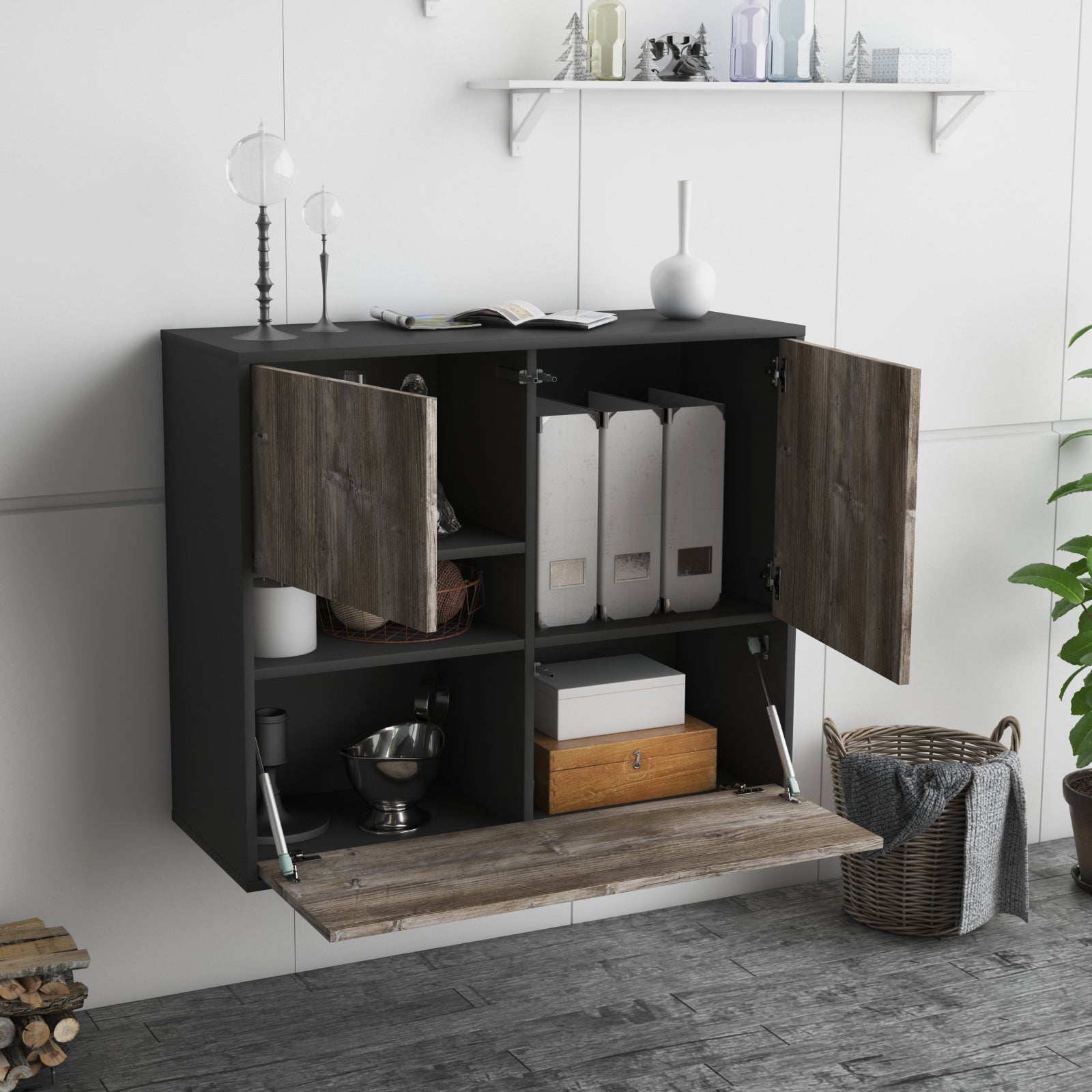 Sideboard - Debora - Design Holzdekor - Wandmontiert mit Push to open  92 cm Anthrazit