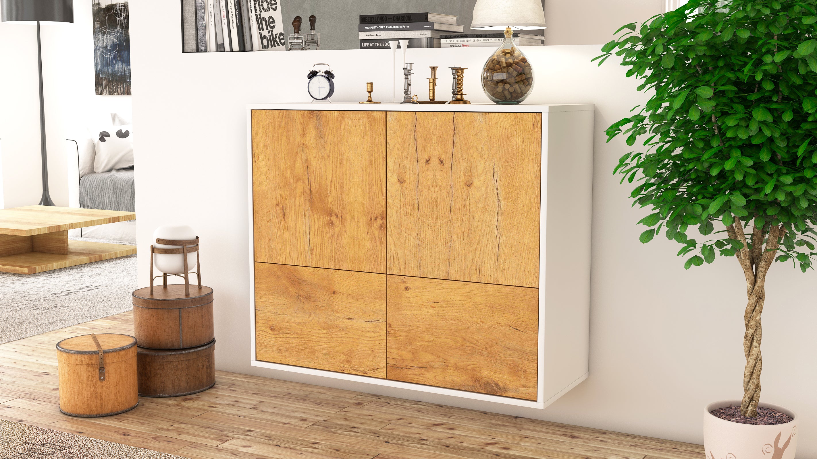 Sideboard - Cara - Design Holzdekor - Wandmontiert mit Push to open  92 cm Weiss