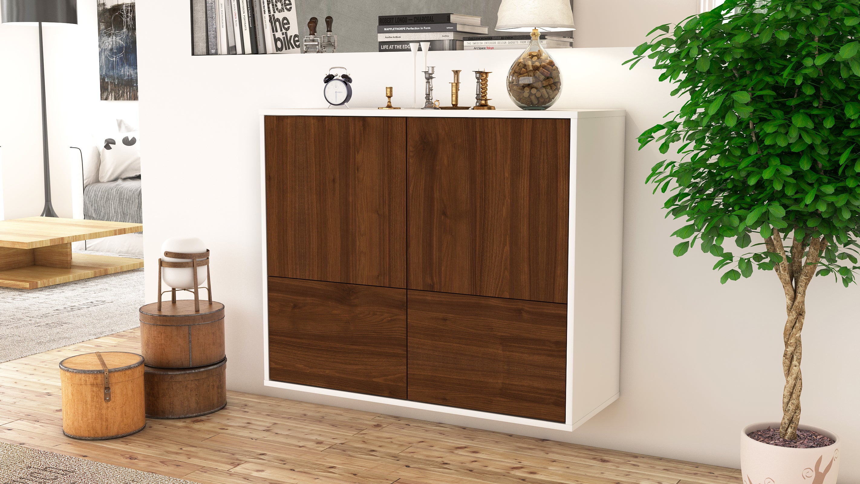 Sideboard - Cara - Design Holzdekor - Wandmontiert mit Push to open  92 cm Weiss