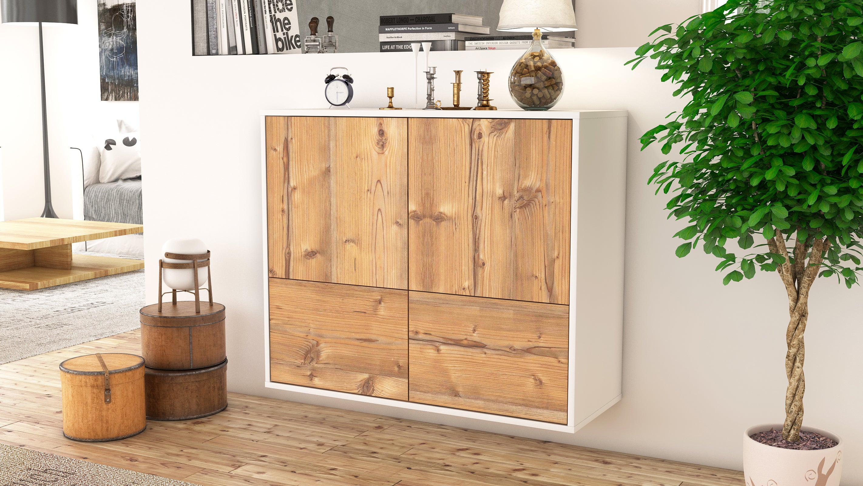 Sideboard - Cara - Design Holzdekor - Wandmontiert mit Push to open  92 cm Weiss