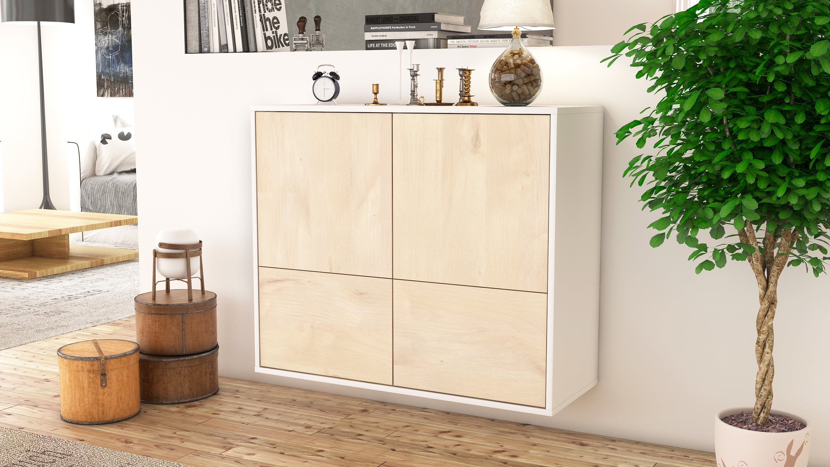 Sideboard - Cara - Design Holzdekor - Wandmontiert mit Push to open  92 cm Weiss